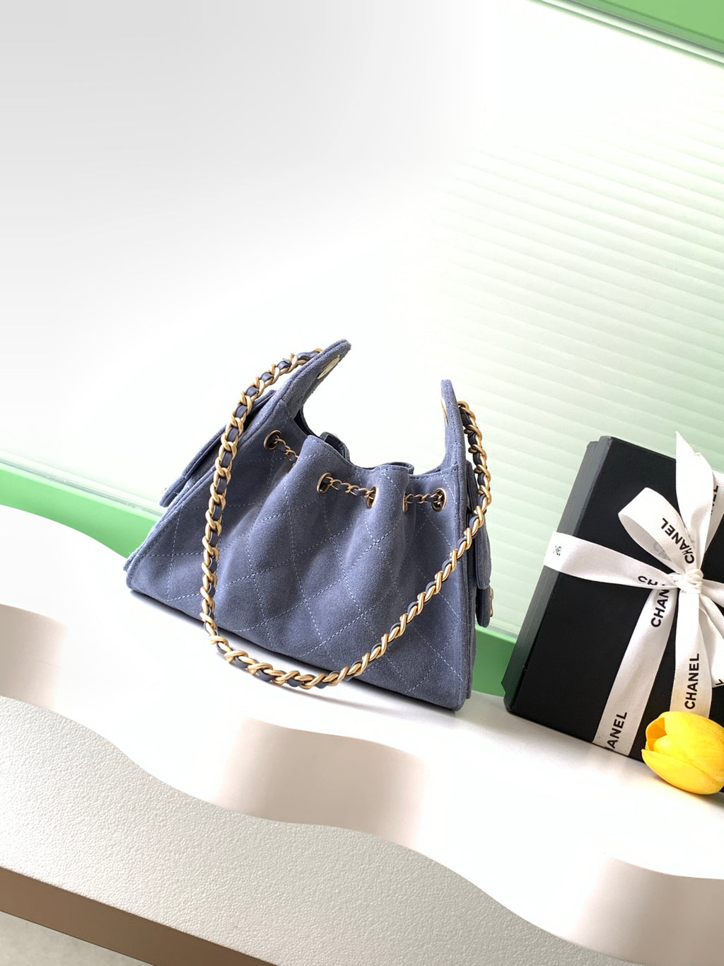 Chanel Mini Drawstring Bucket Bag with Gold CC Medallion (26C) — Denim Blue Suede