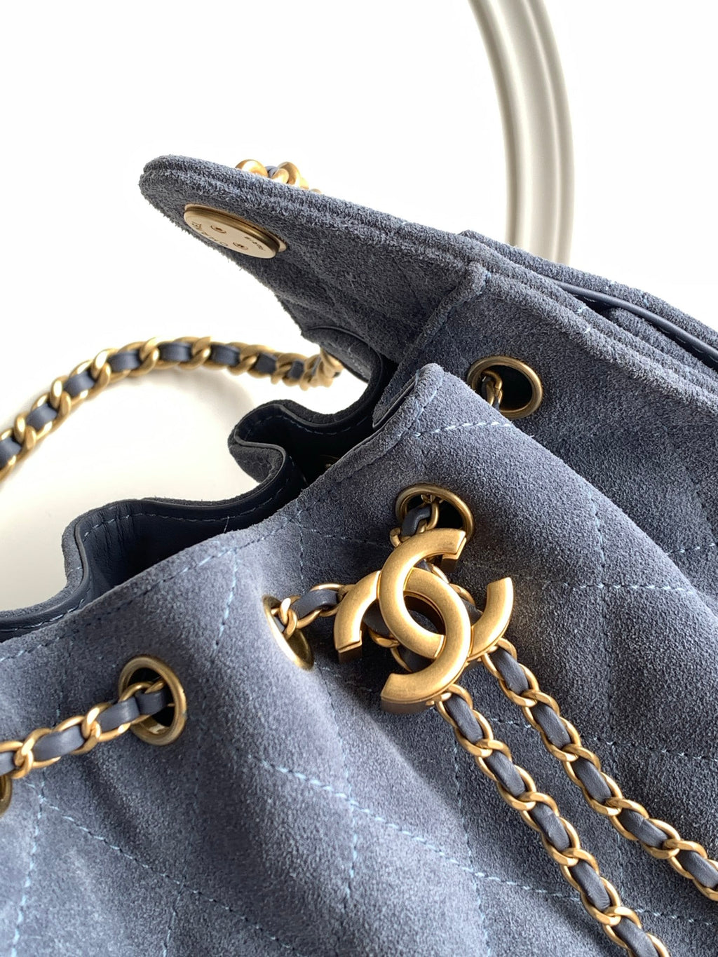 Chanel Mini Drawstring Bucket Bag with Gold CC Medallion (26C) — Denim Blue Suede