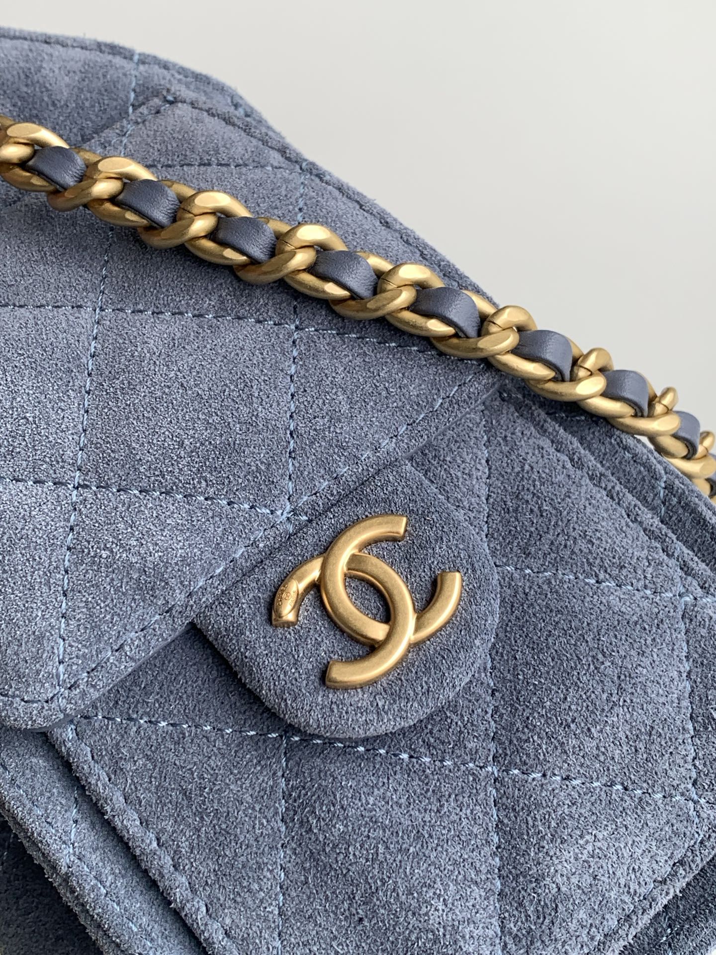 Chanel Mini Drawstring Bucket Bag with Gold CC Medallion (26C) — Denim Blue Suede