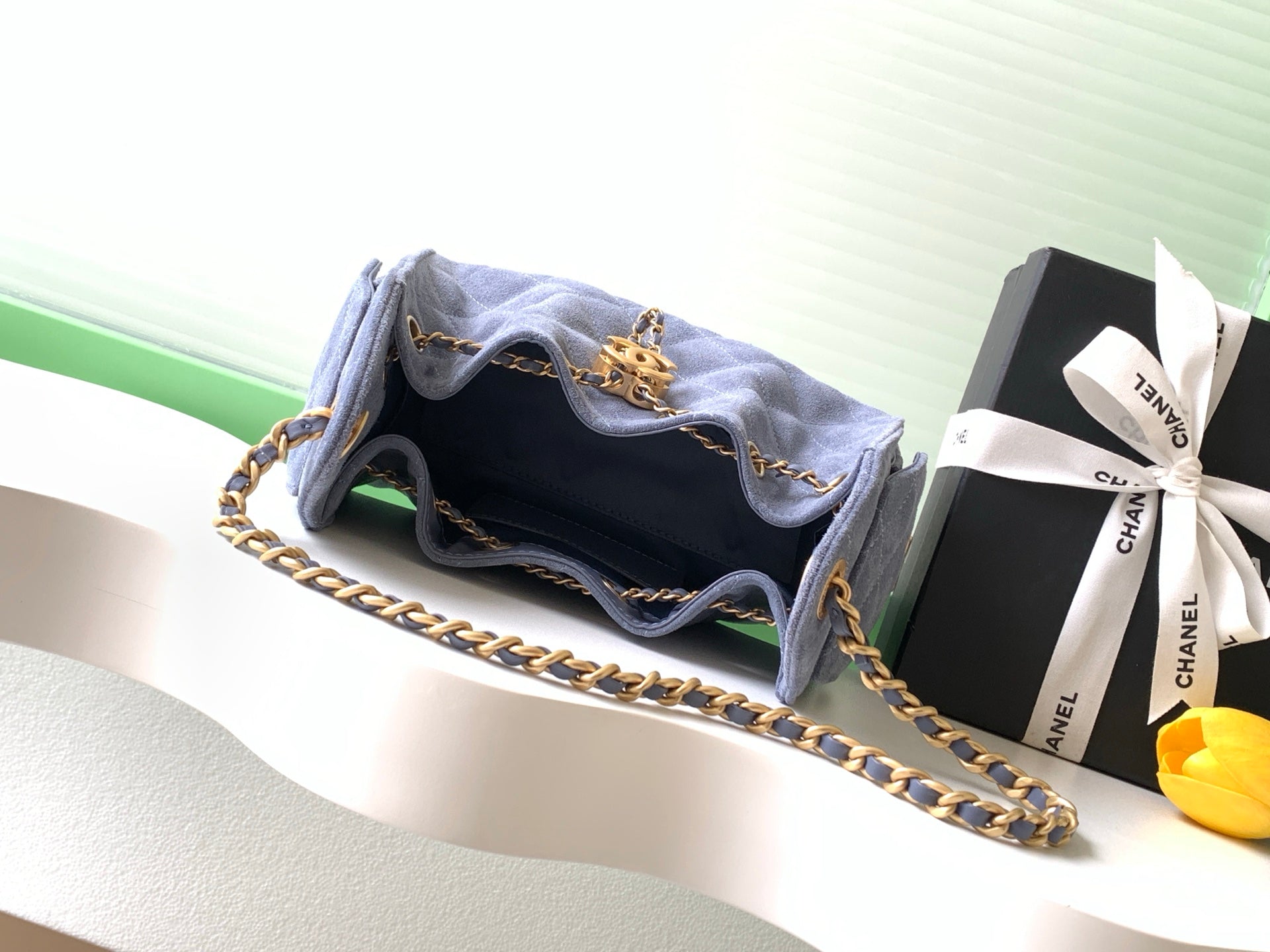 Chanel Mini Drawstring Bucket Bag with Gold CC Medallion (26C) — Denim Blue Suede