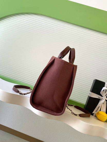 Chanel Deauville Tote Bag 33cm — Burgundy Cotton Canvas