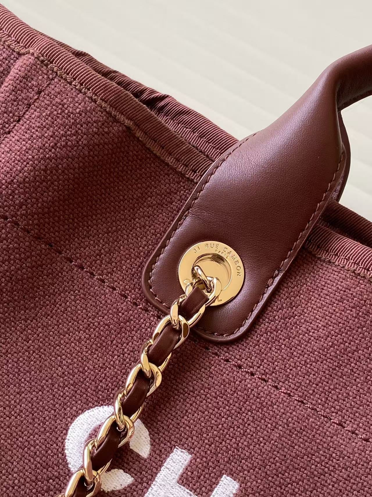 Chanel Deauville Tote Bag 33cm — Burgundy Cotton Canvas