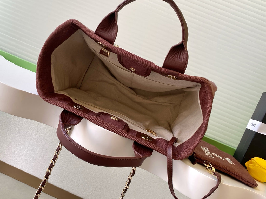Chanel Deauville Tote Bag 33cm — Burgundy Cotton Canvas