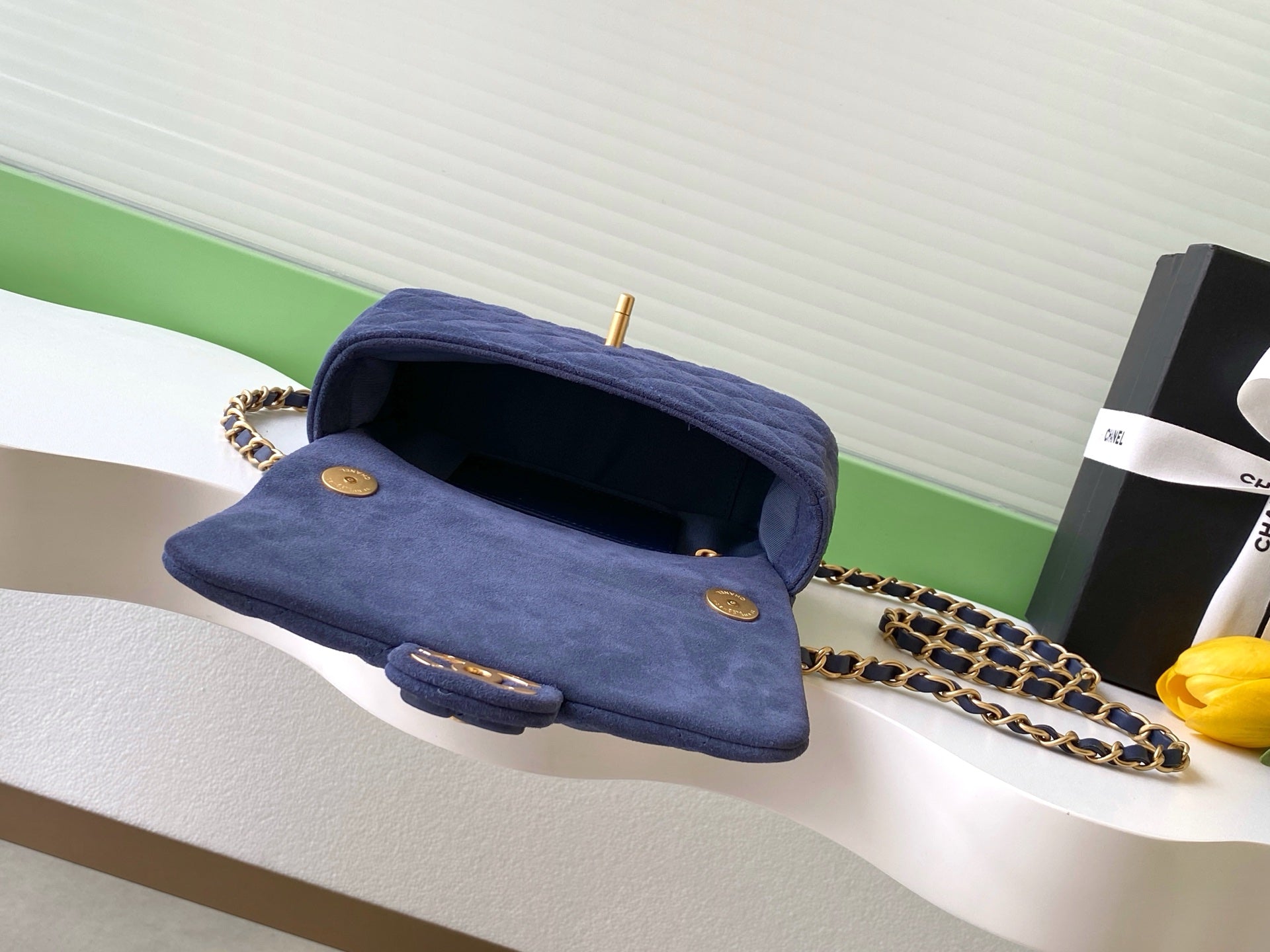 Chanel Classic Flap Bag Mini Navy Blue Suede 26C — 14x20x6cm