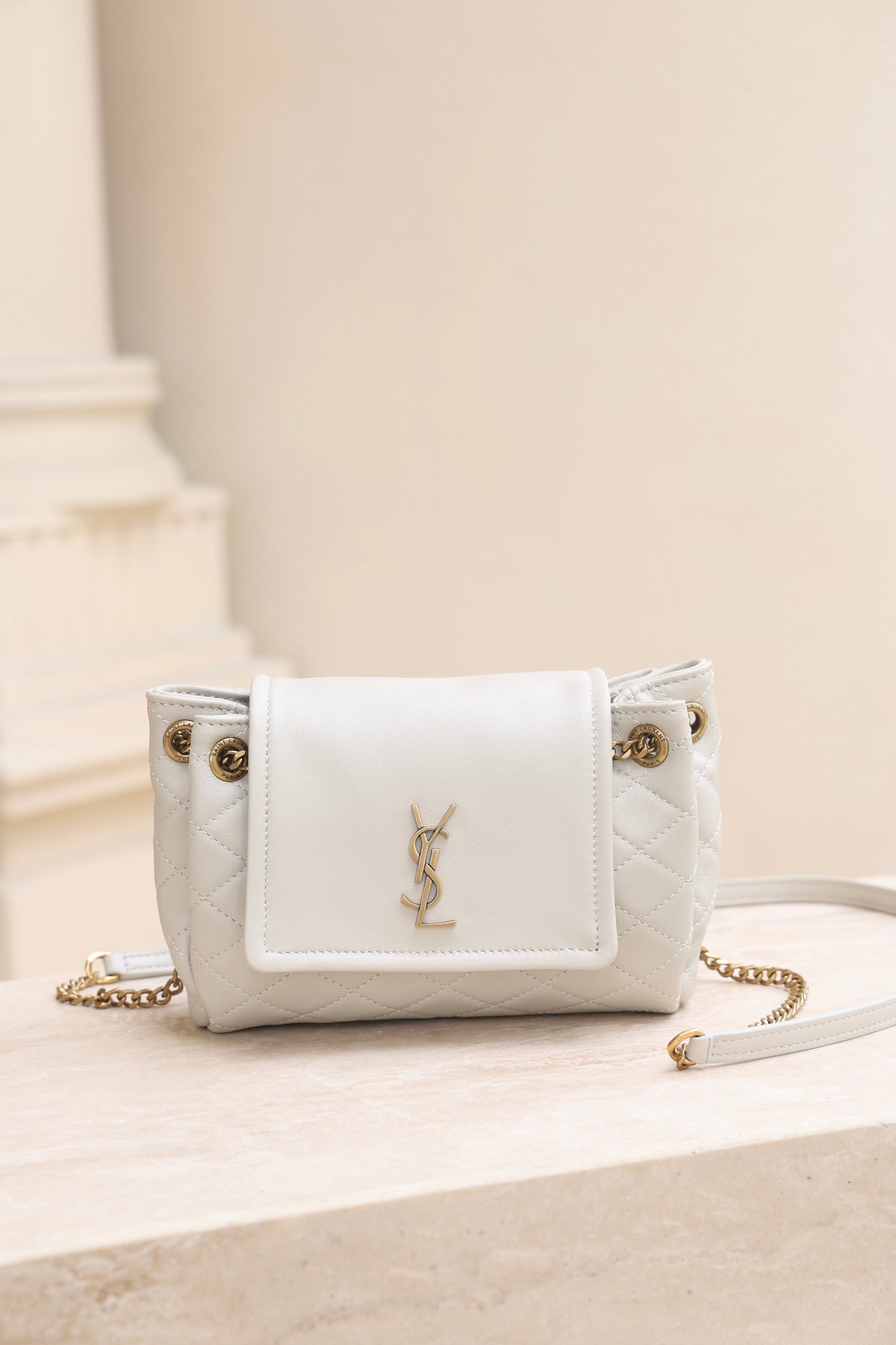Saint Laurent Nolita Mini Flap Bag — White with Gold Hardware