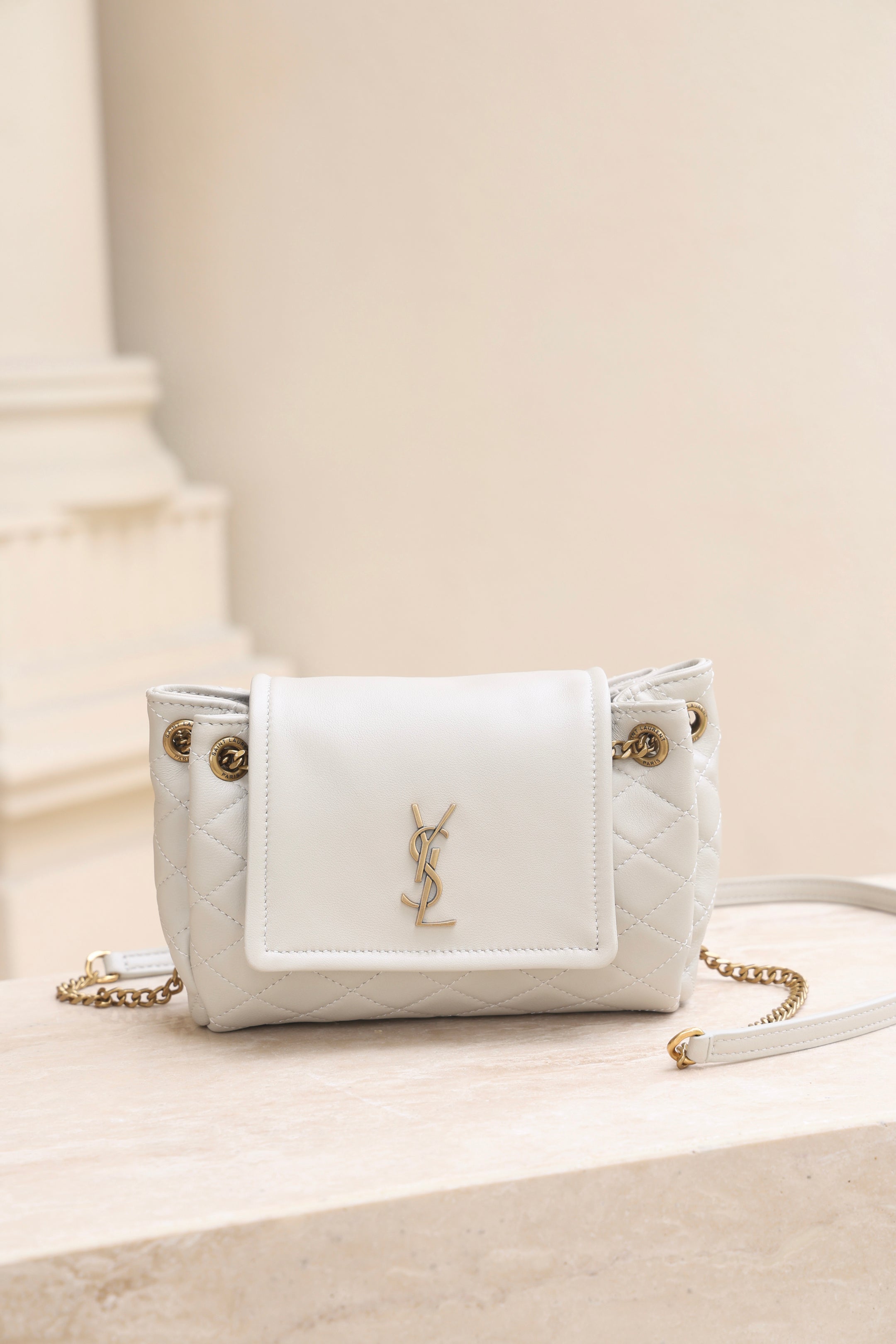 Saint Laurent Nolita Mini Flap Bag — White with Gold Hardware