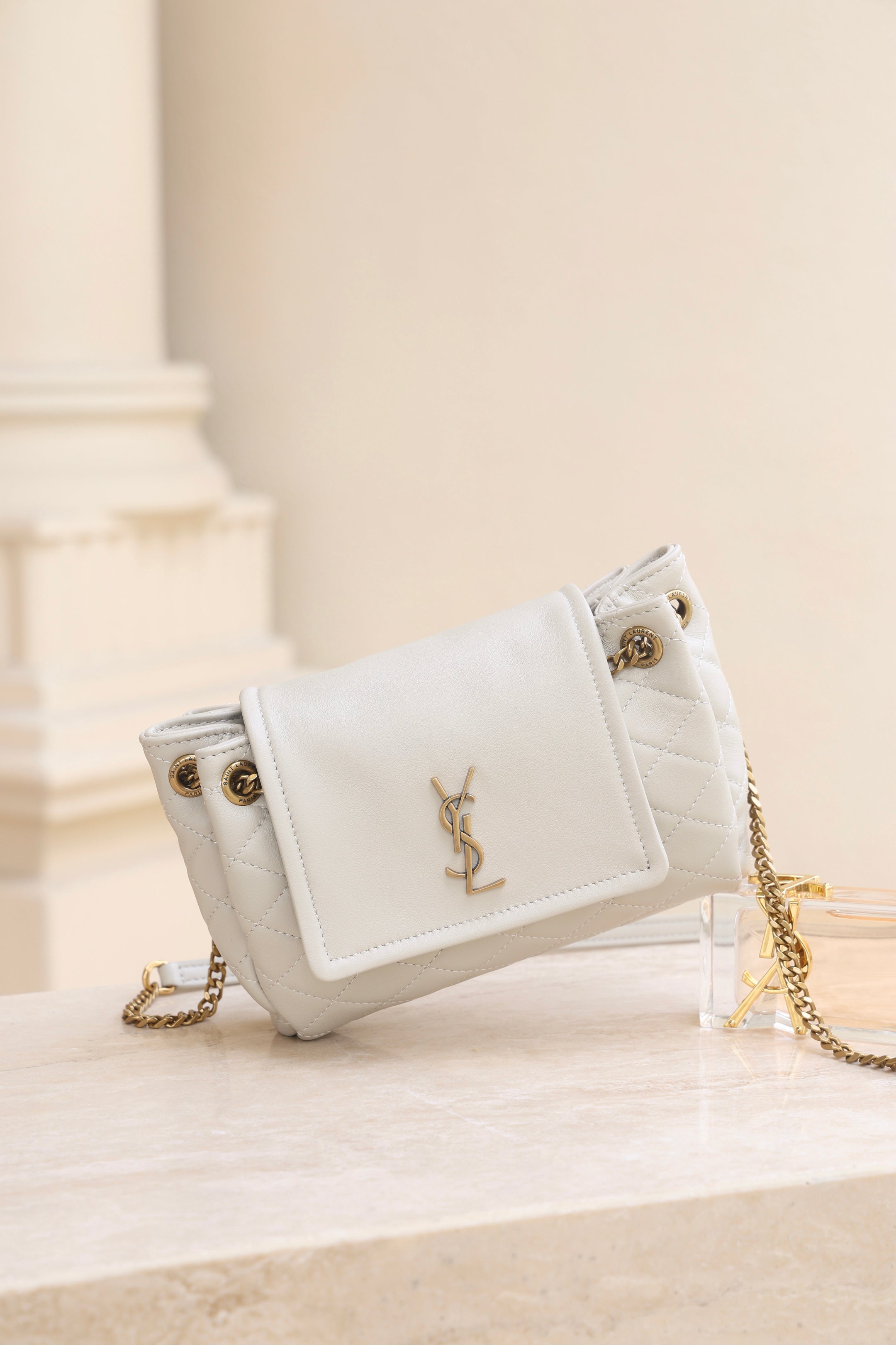 Saint Laurent Nolita Mini Flap Bag — White with Gold Hardware
