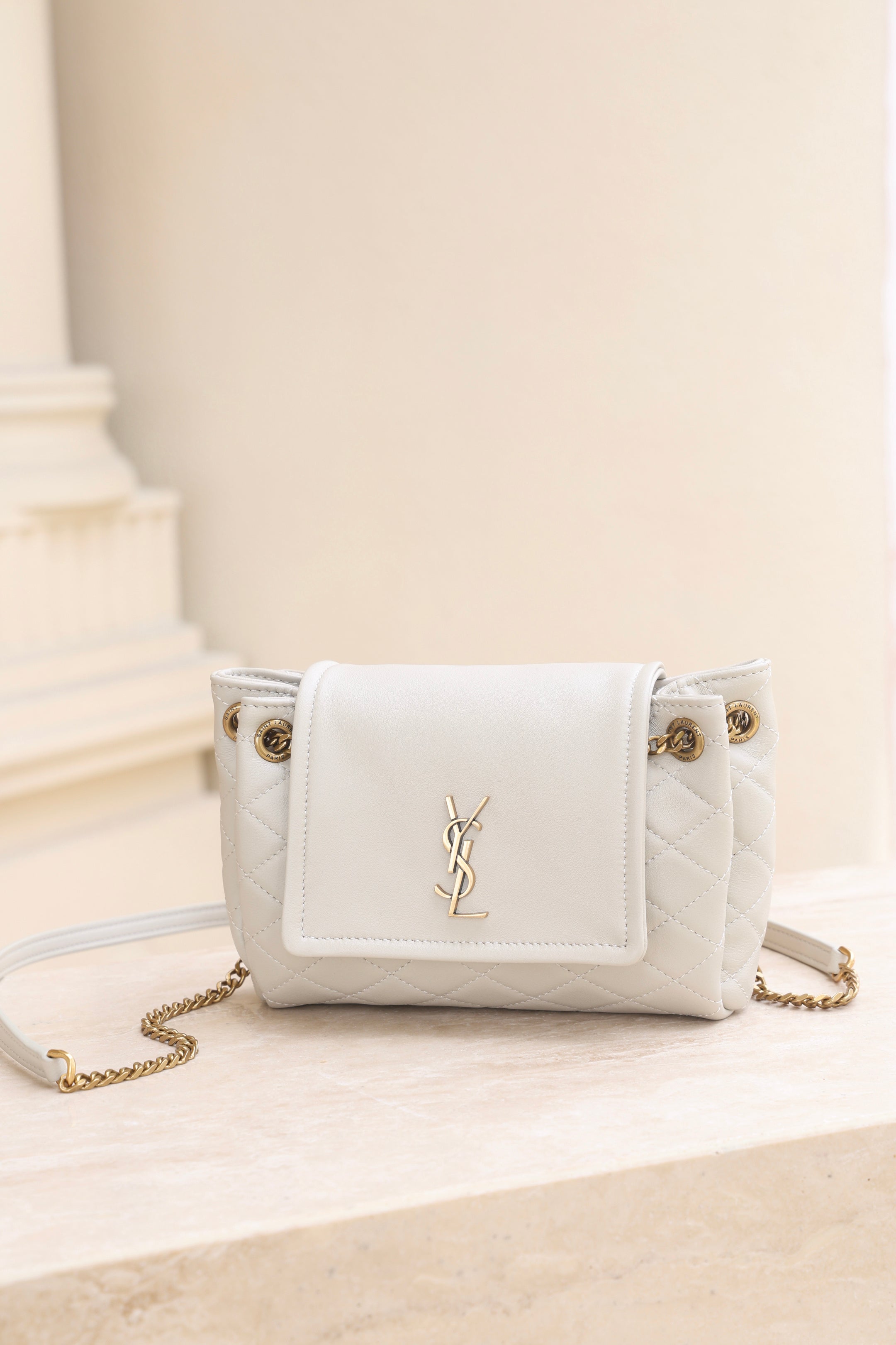 Saint Laurent Nolita Mini Flap Bag — White with Gold Hardware