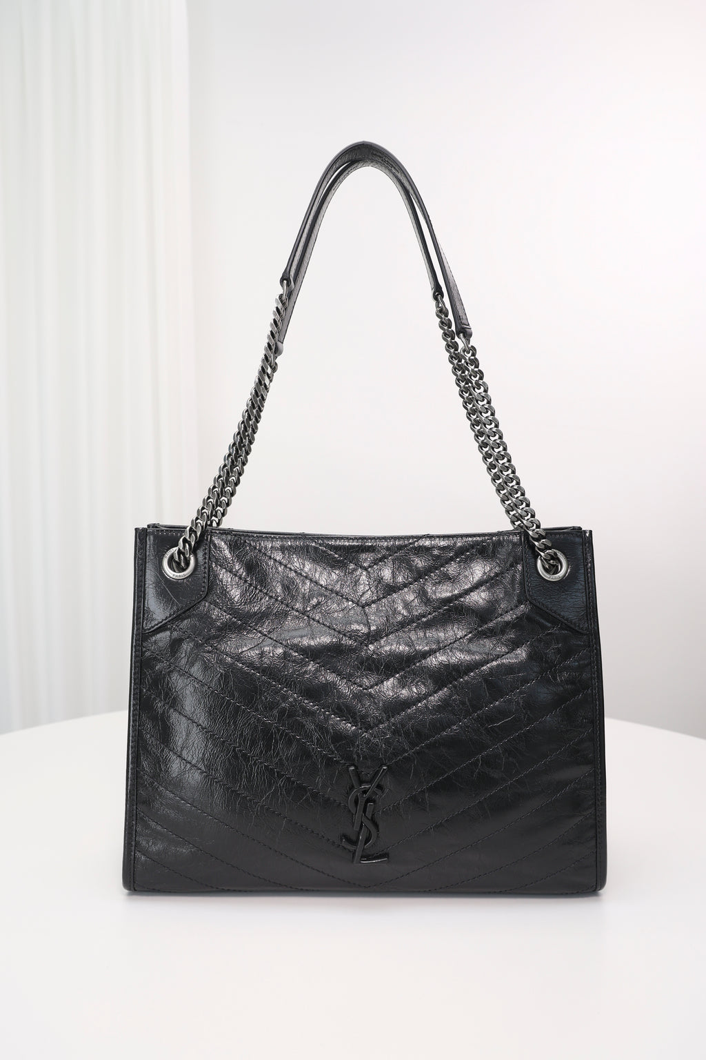 Saint Laurent Niki Shopping Bag — Black Crinkled Leather with Ruthenium Hardware