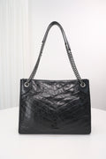 Saint Laurent Niki Shopping Bag — Black Crinkled Leather with Ruthenium Hardware