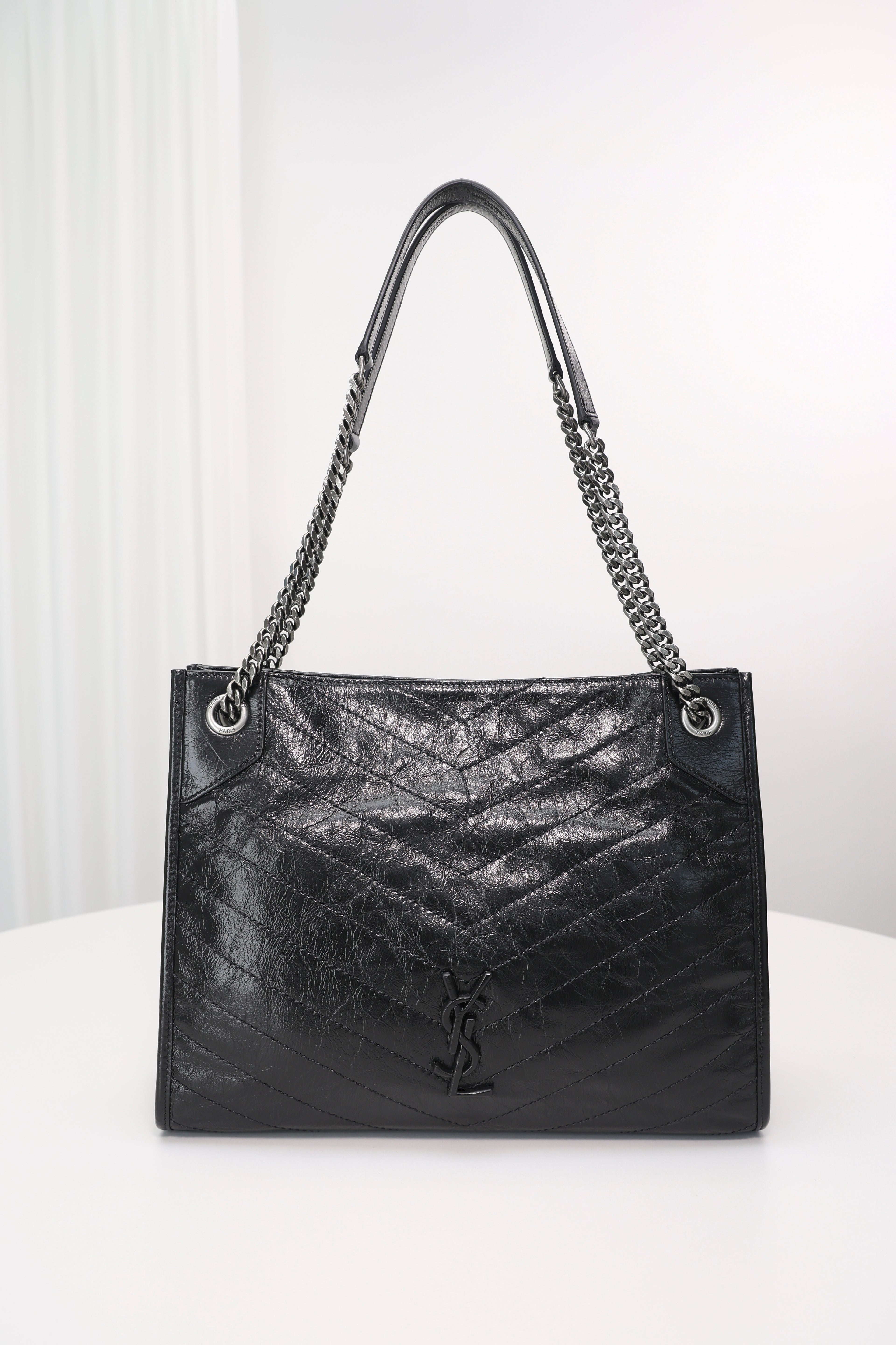 Saint Laurent Niki Shopping Bag — Black Crinkled Leather with Ruthenium Hardware