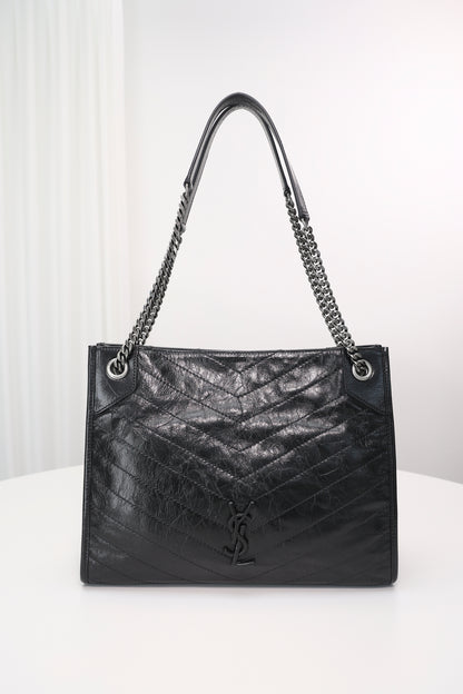 Saint Laurent Niki Shopping Bag — Black Crinkled Leather with Ruthenium Hardware