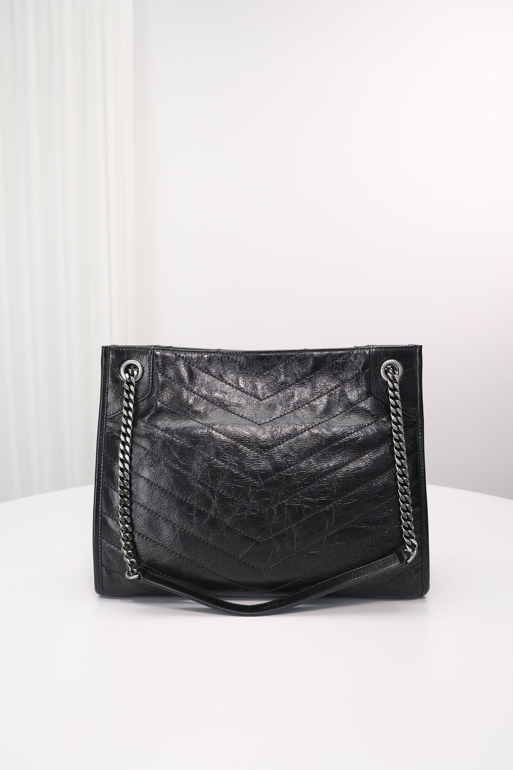 Saint Laurent Niki Shopping Bag — Black Crinkled Leather with Ruthenium Hardware
