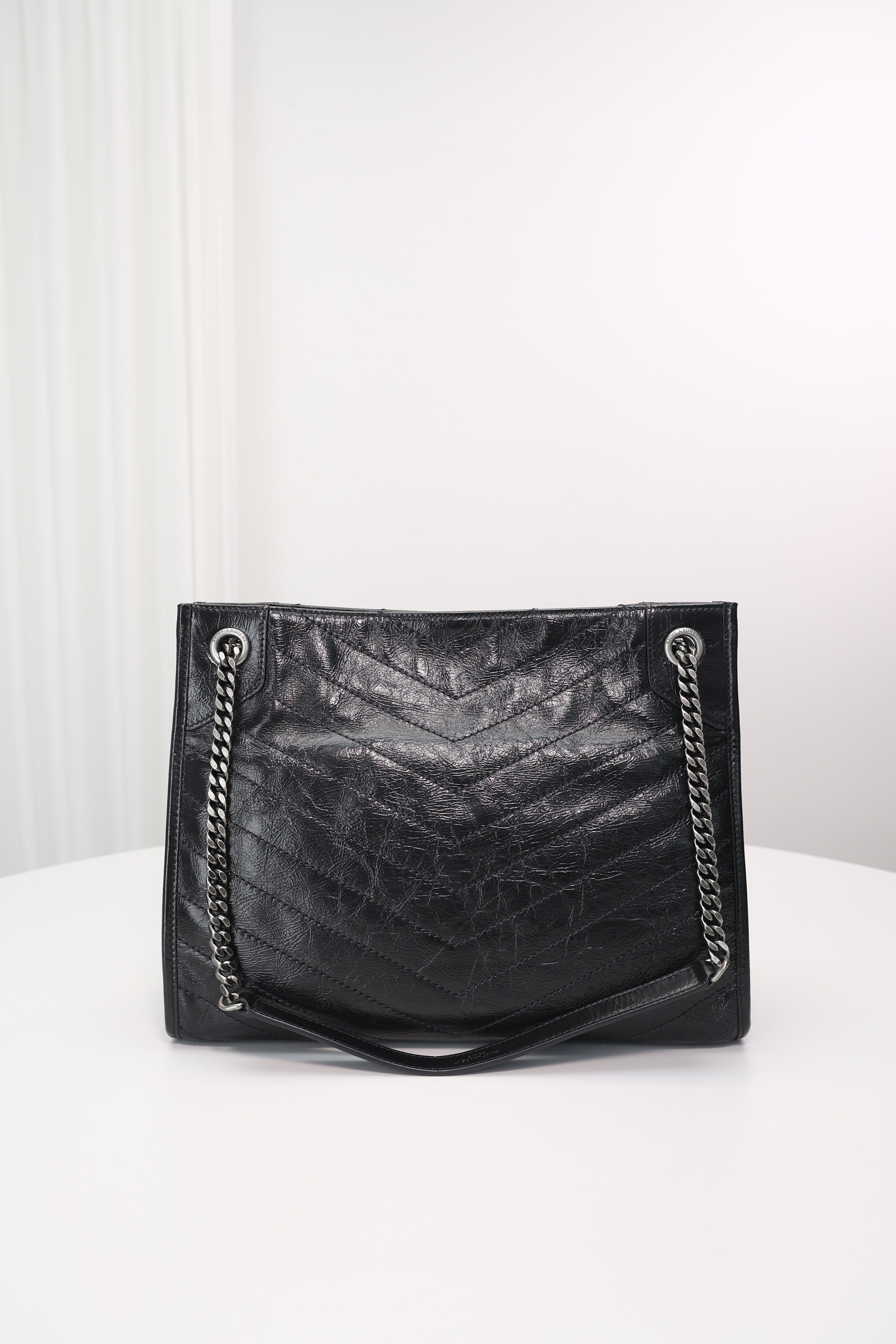Saint Laurent Niki Shopping Bag — Black Crinkled Leather with Ruthenium Hardware
