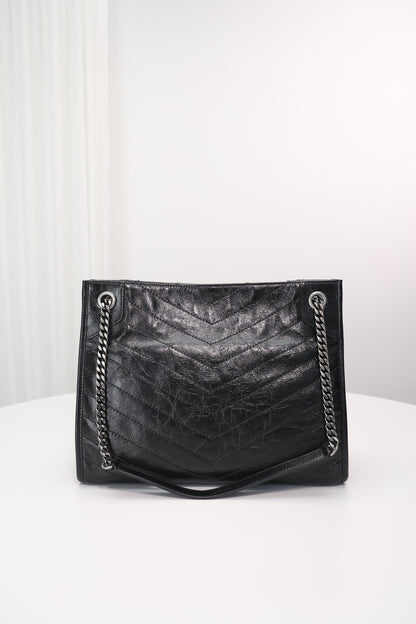 Saint Laurent Niki Shopping Bag — Black Crinkled Leather with Ruthenium Hardware