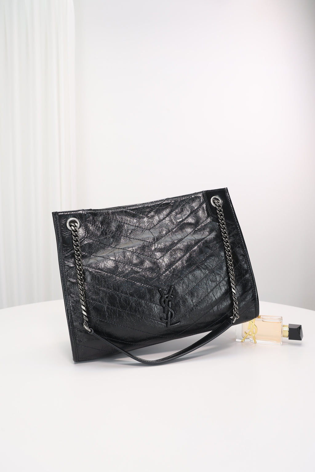 Saint Laurent Niki Shopping Bag — Black Crinkled Leather with Ruthenium Hardware
