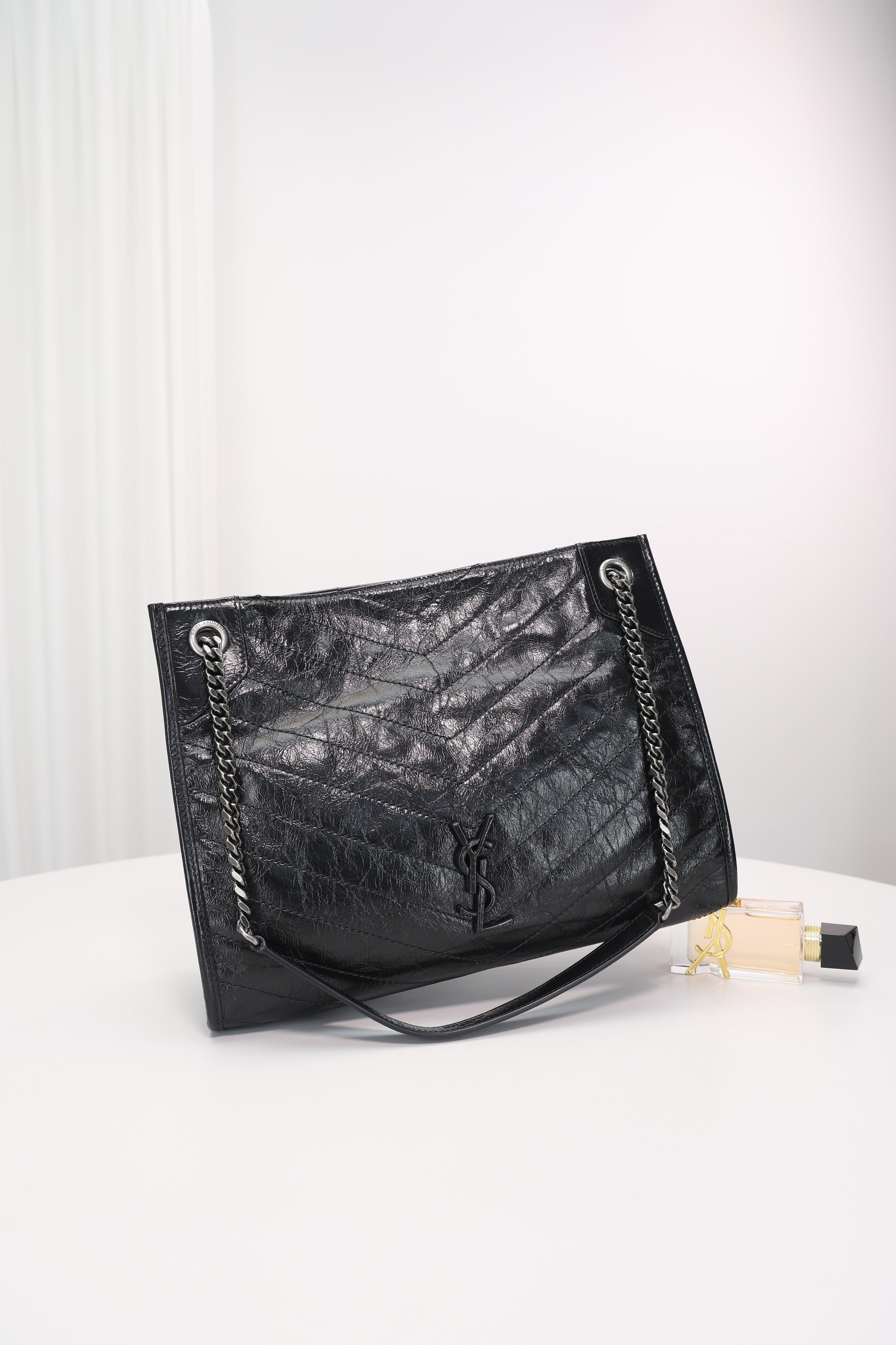 Saint Laurent Niki Shopping Bag — Black Crinkled Leather with Ruthenium Hardware