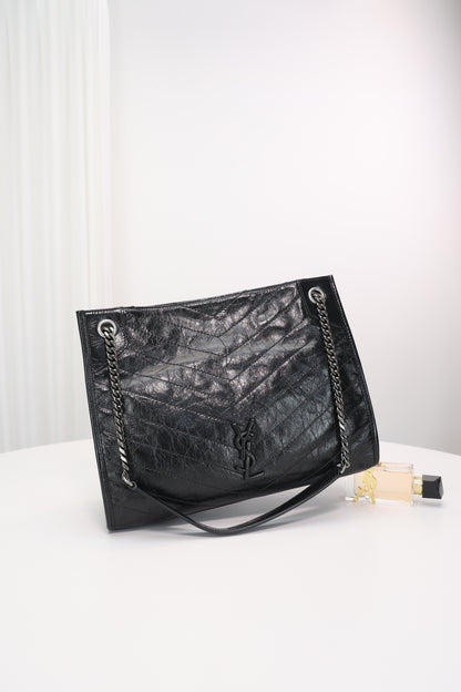 Saint Laurent Niki Shopping Bag — Black Crinkled Leather with Ruthenium Hardware