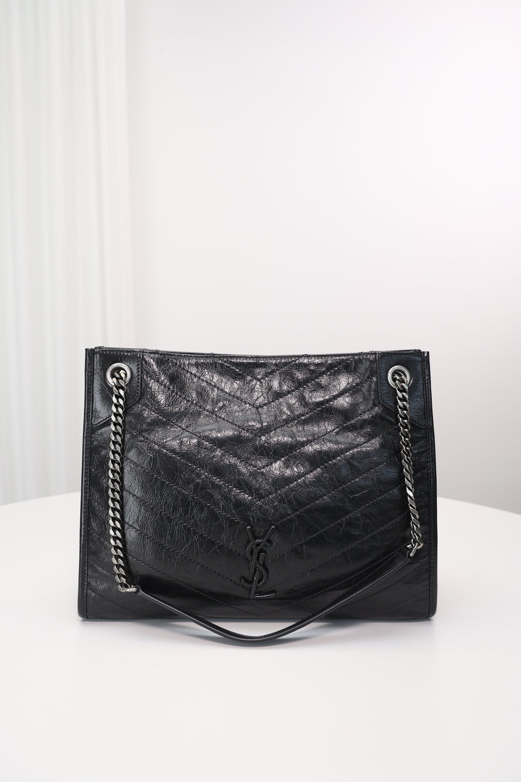 Saint Laurent Niki Shopping Bag — Black Crinkled Leather with Ruthenium Hardware