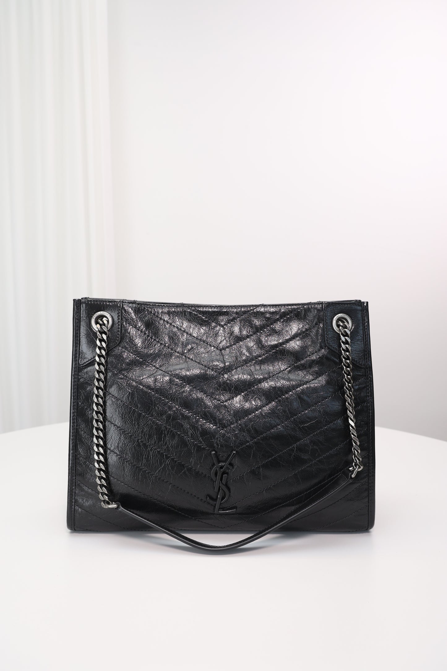 Saint Laurent Niki Shopping Bag — Black Crinkled Leather with Ruthenium Hardware