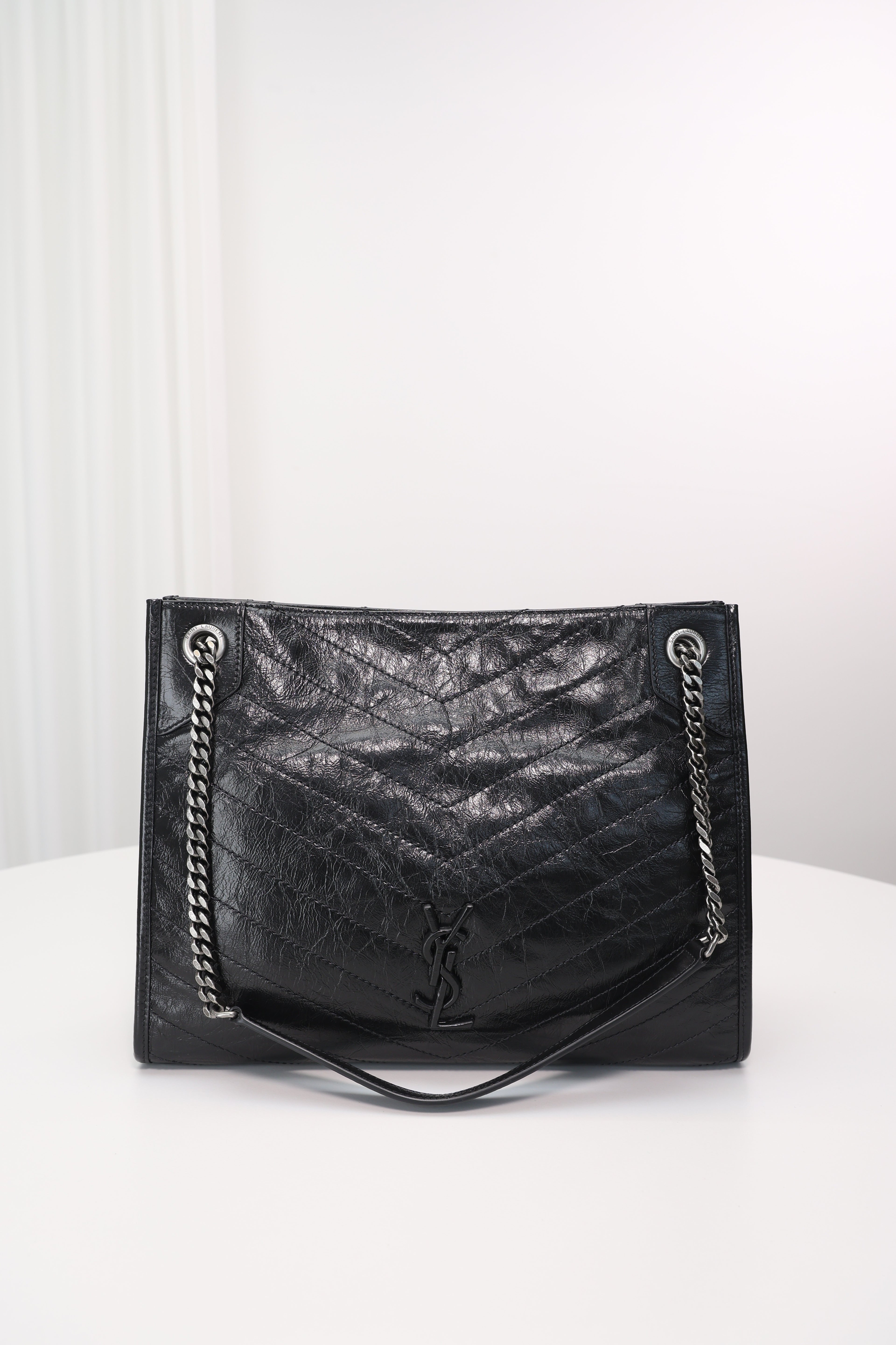 Saint Laurent Niki Shopping Bag — Black Crinkled Leather with Ruthenium Hardware