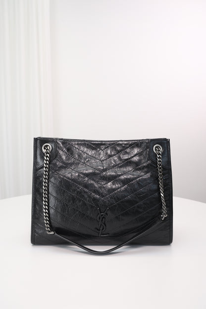 Saint Laurent Niki Shopping Bag — Black Crinkled Leather with Ruthenium Hardware