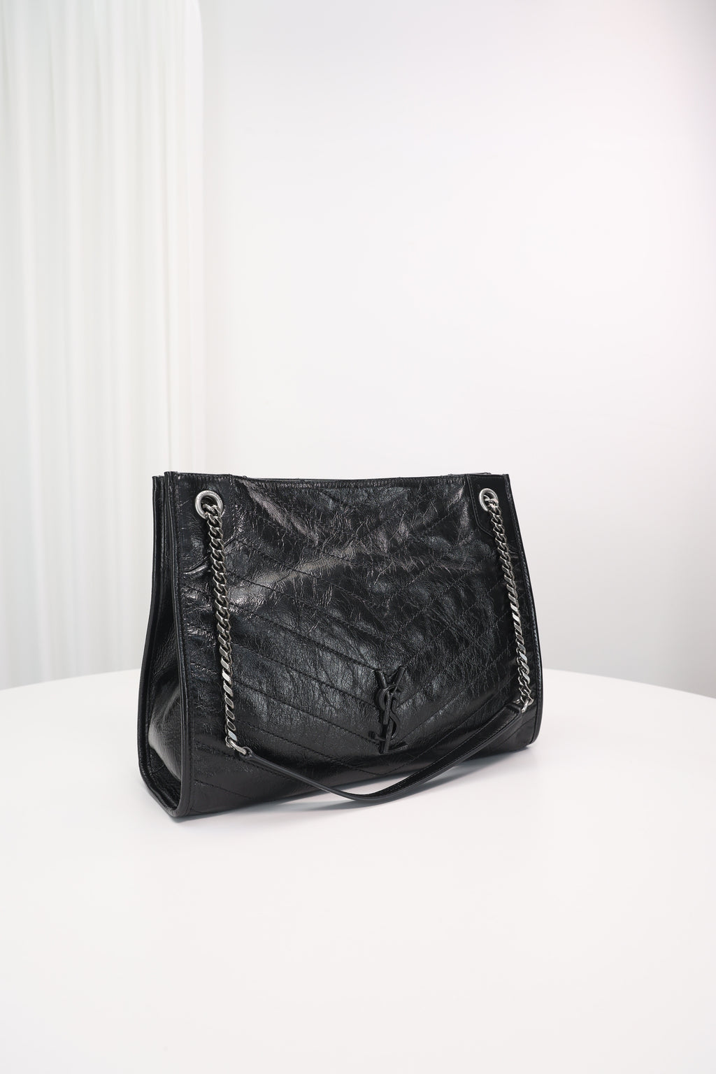 Saint Laurent Niki Shopping Bag — Black Crinkled Leather with Ruthenium Hardware