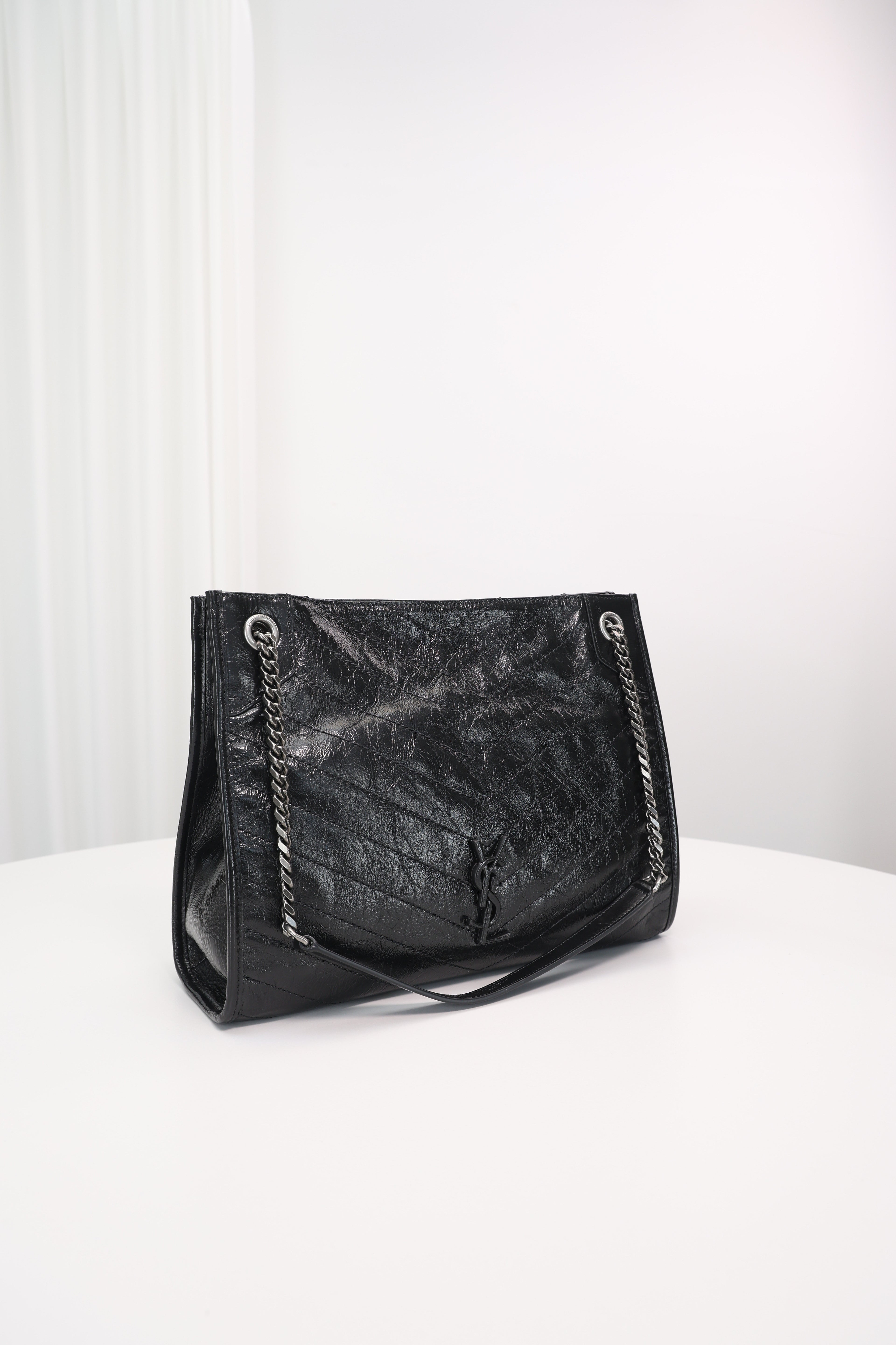 Saint Laurent Niki Shopping Bag — Black Crinkled Leather with Ruthenium Hardware
