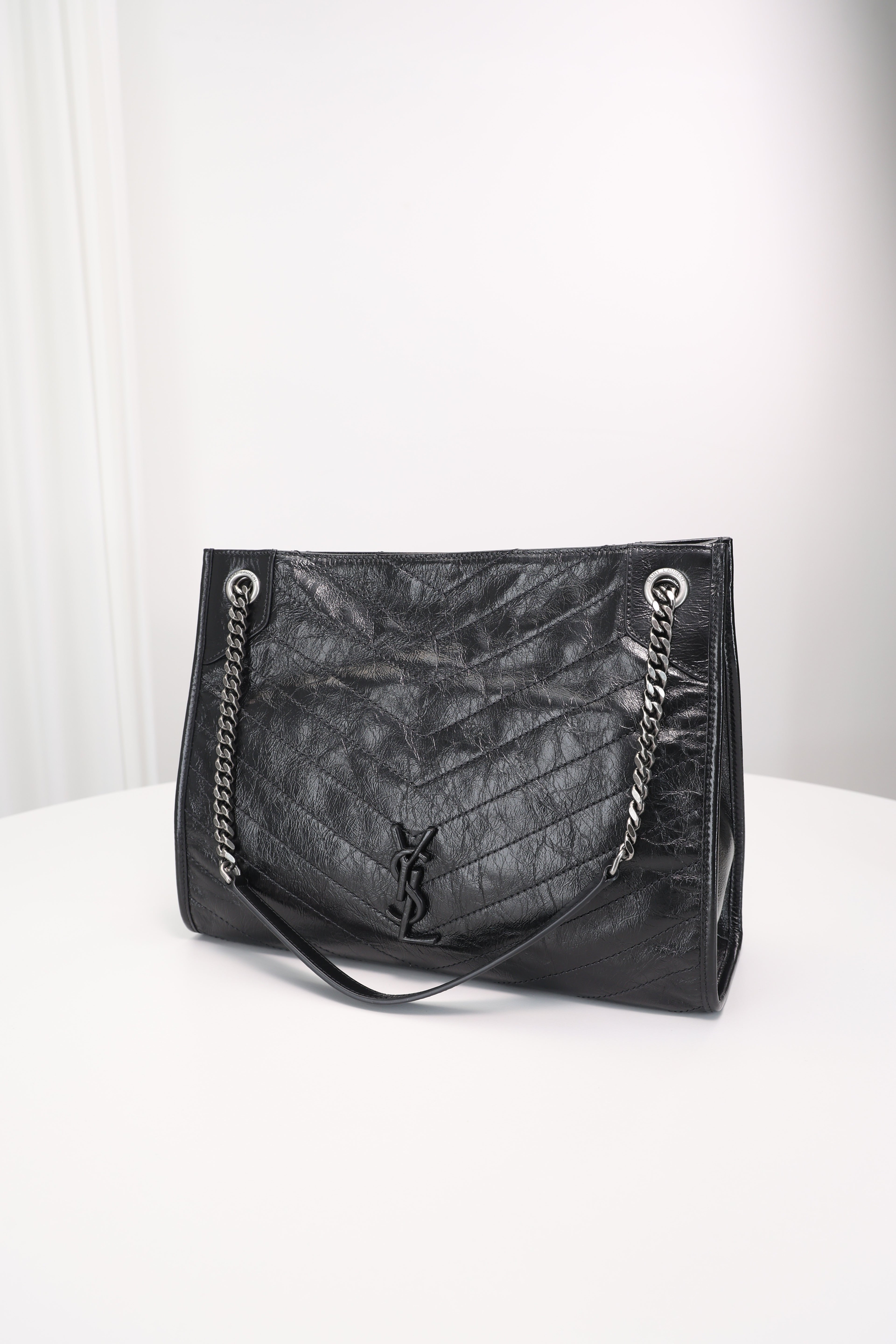 Saint Laurent Niki Shopping Bag — Black Crinkled Leather with Ruthenium Hardware