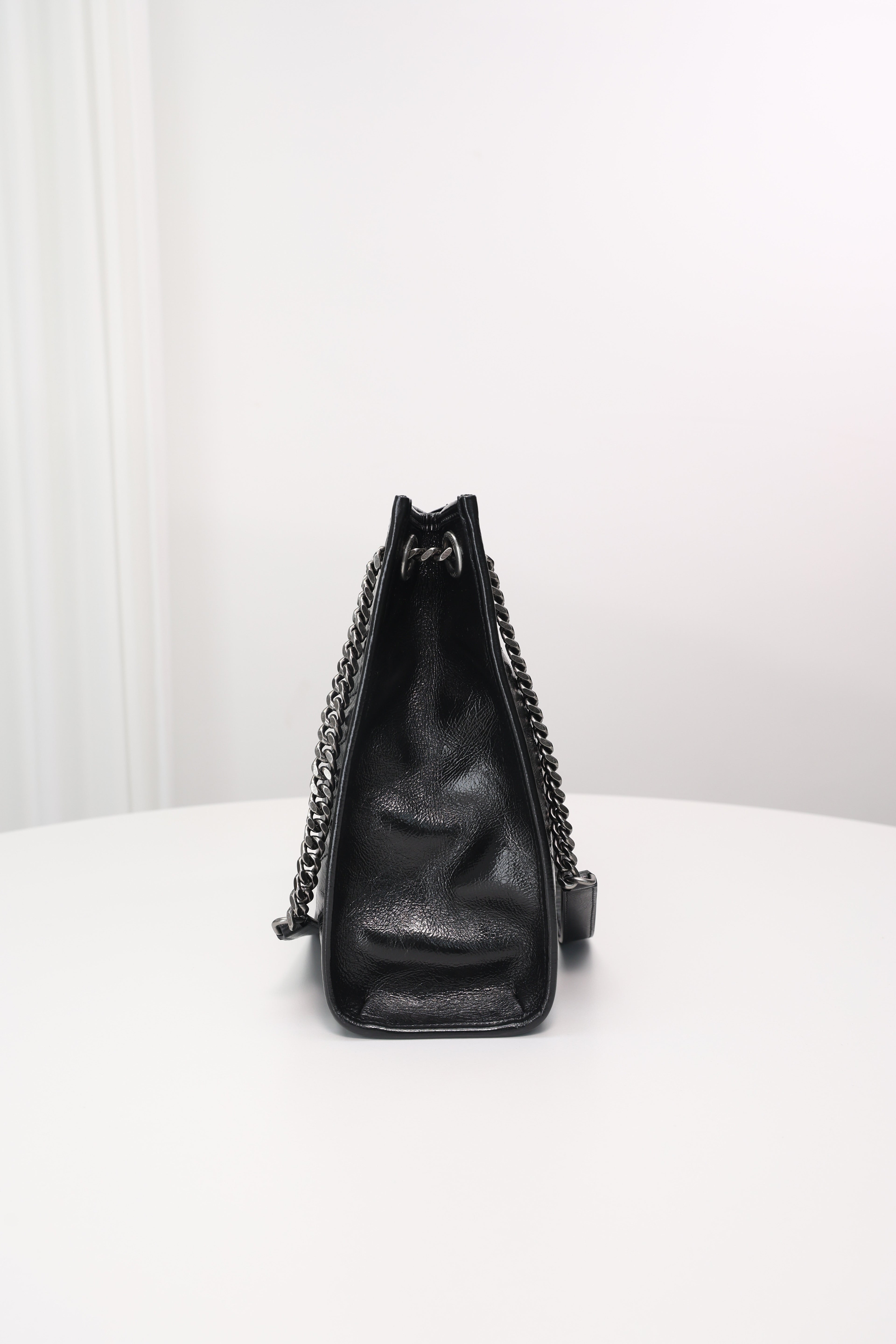 Saint Laurent Niki Shopping Bag — Black Crinkled Leather with Ruthenium Hardware