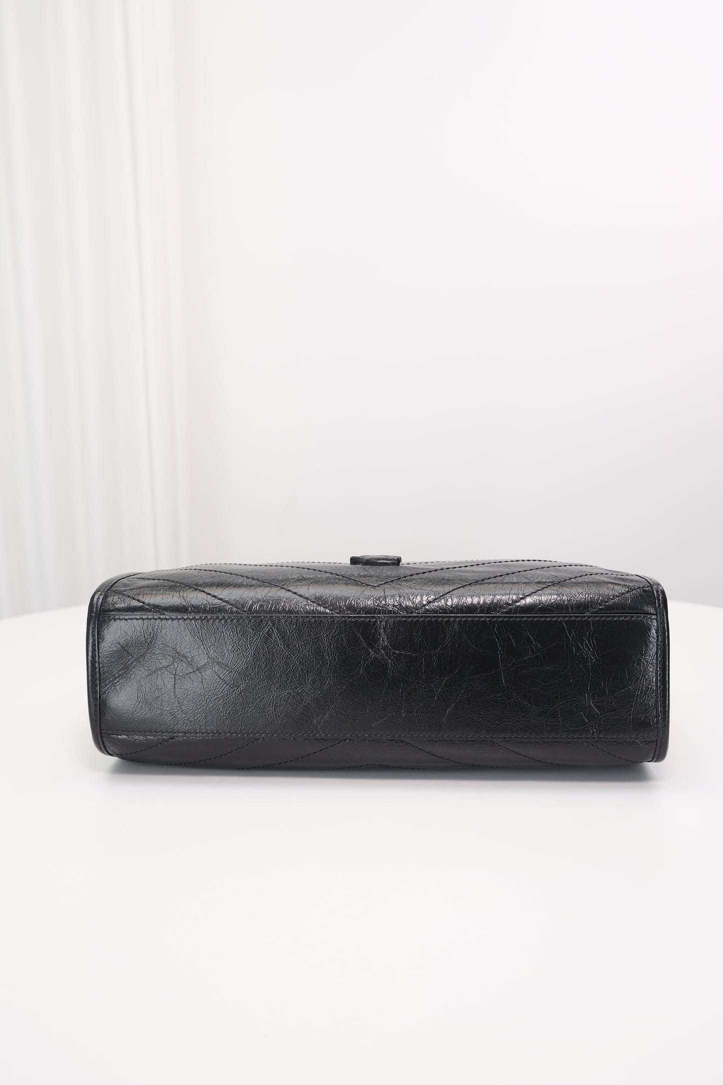 Saint Laurent Niki Shopping Bag — Black Crinkled Leather with Ruthenium Hardware