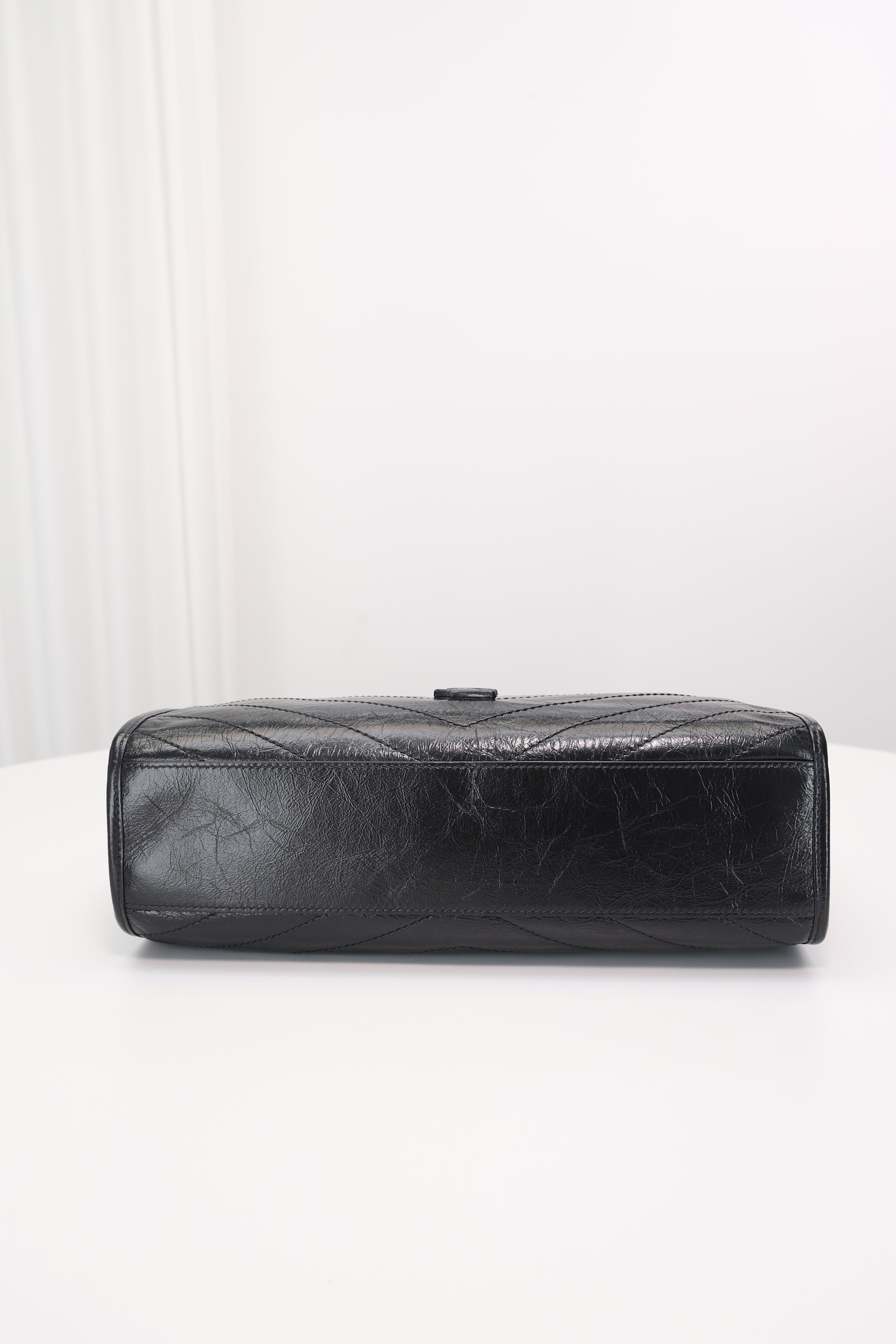 Saint Laurent Niki Shopping Bag — Black Crinkled Leather with Ruthenium Hardware