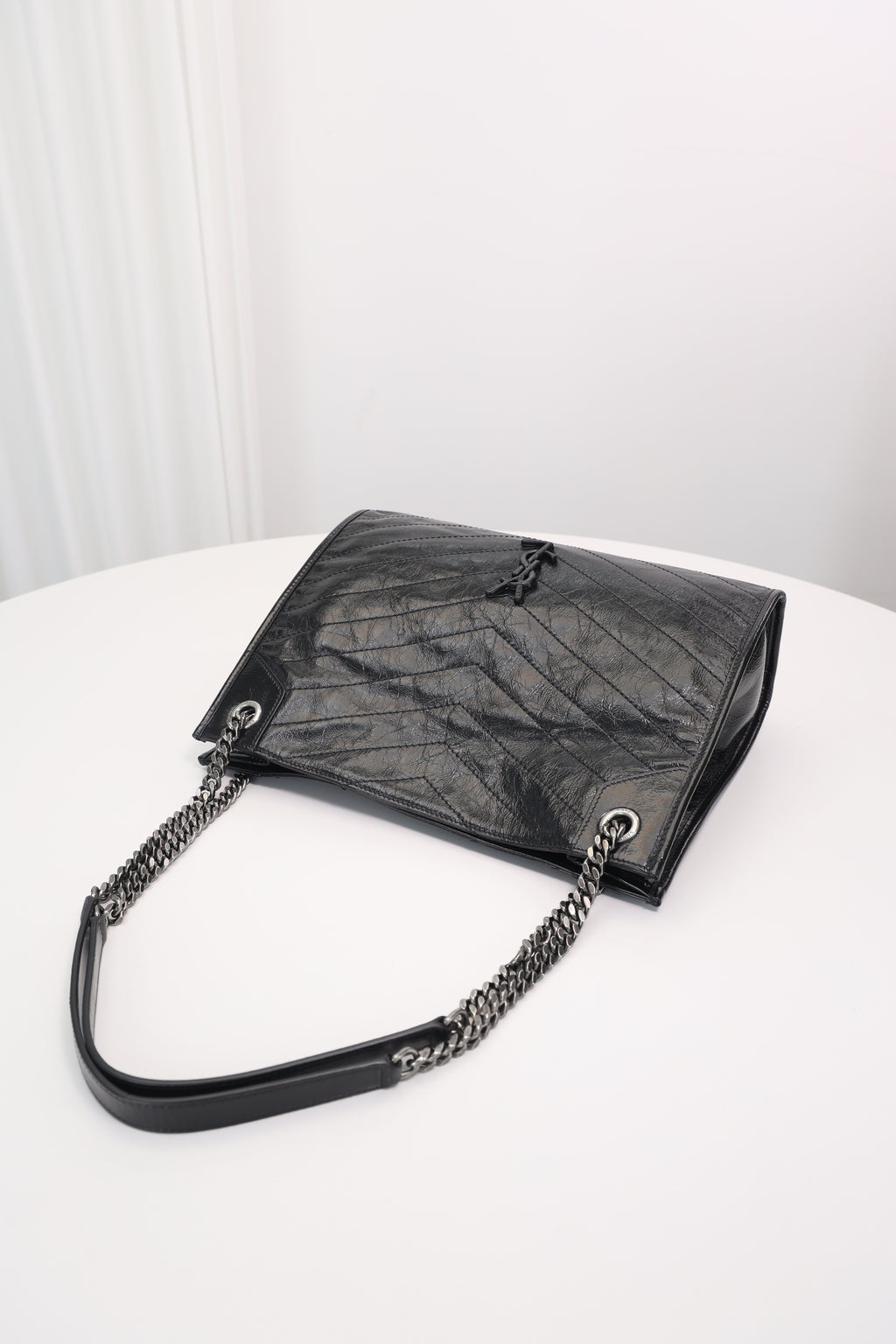Saint Laurent Niki Shopping Bag — Black Crinkled Leather with Ruthenium Hardware