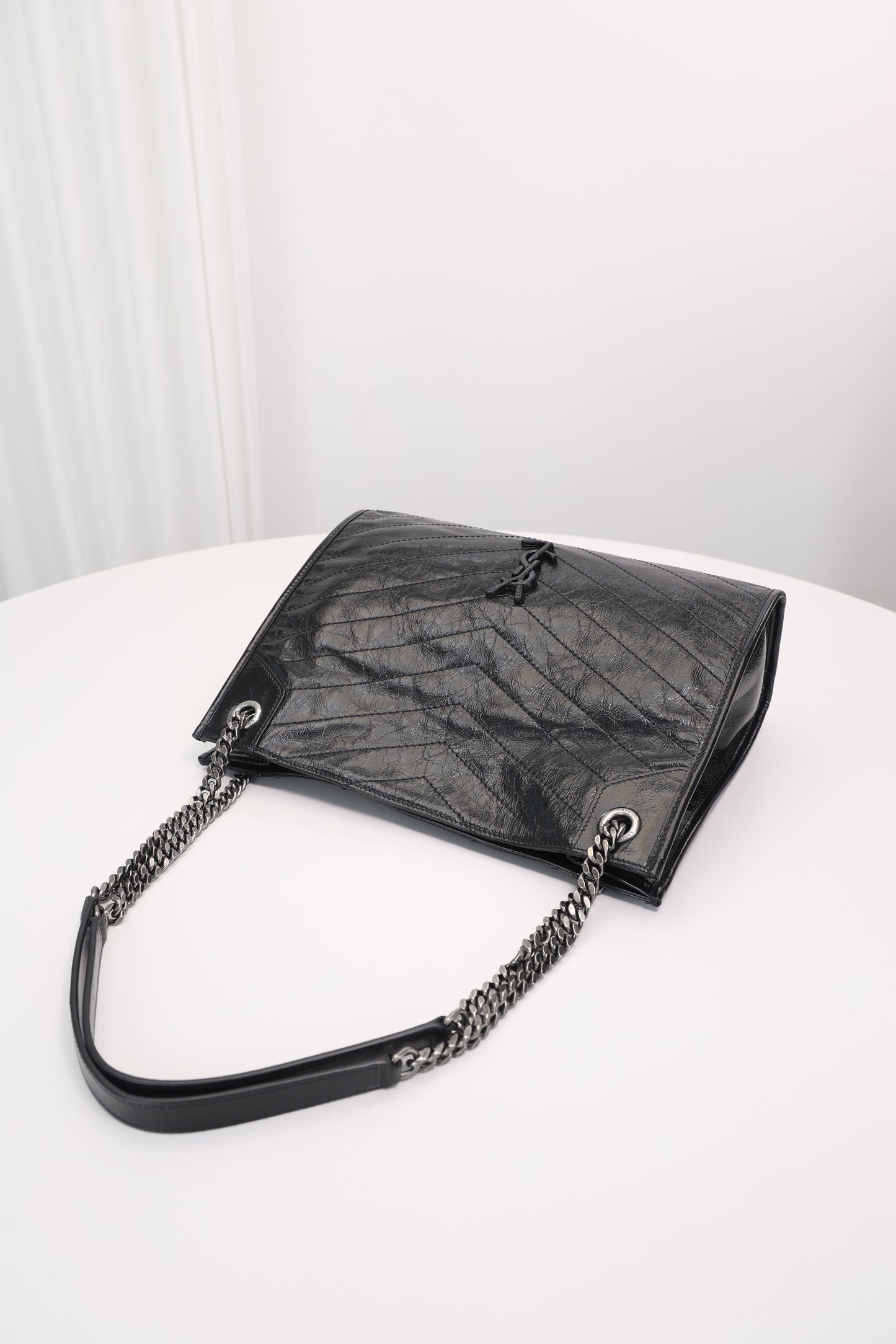 Saint Laurent Niki Shopping Bag — Black Crinkled Leather with Ruthenium Hardware