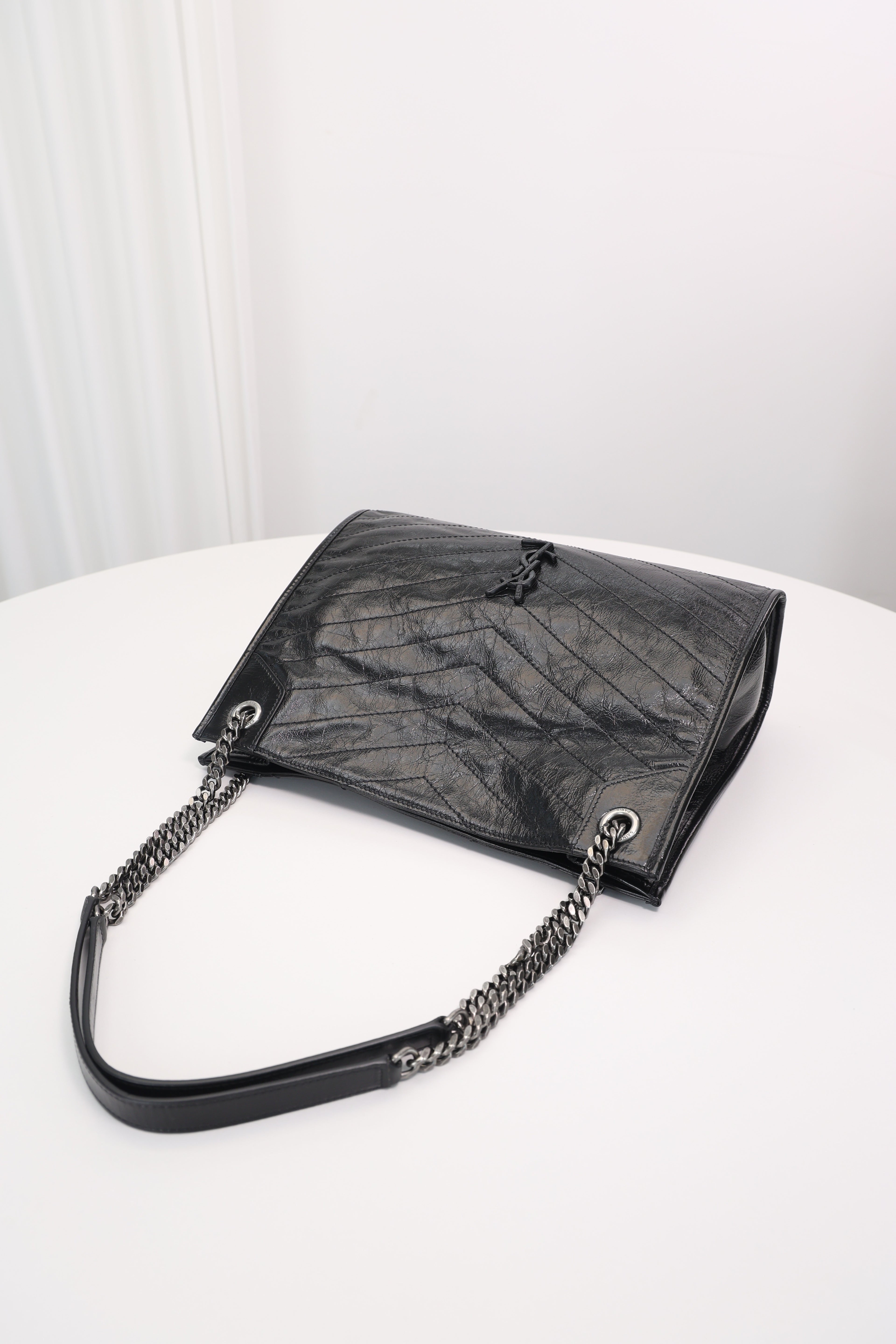 Saint Laurent Niki Shopping Bag — Black Crinkled Leather with Ruthenium Hardware