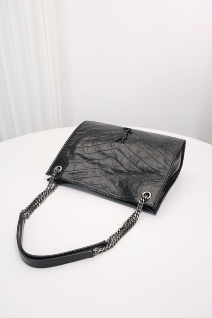 Saint Laurent Niki Shopping Bag — Black Crinkled Leather with Ruthenium Hardware