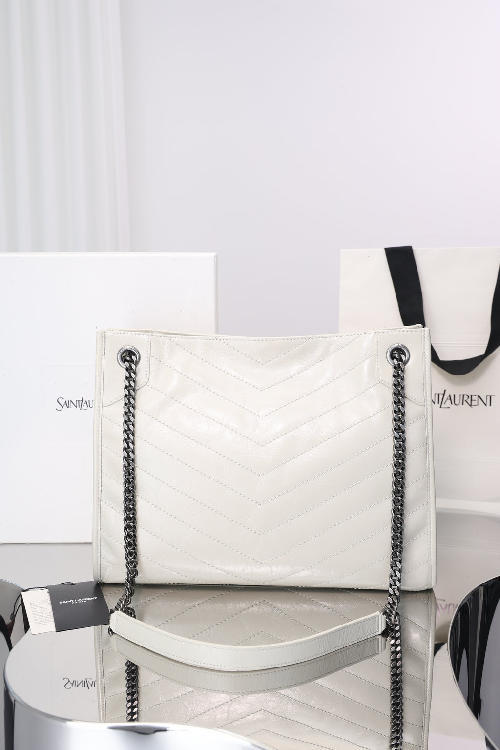Saint Laurent Niki Shopping Bag — White Crinkled Leather with Ruthenium Hardware
