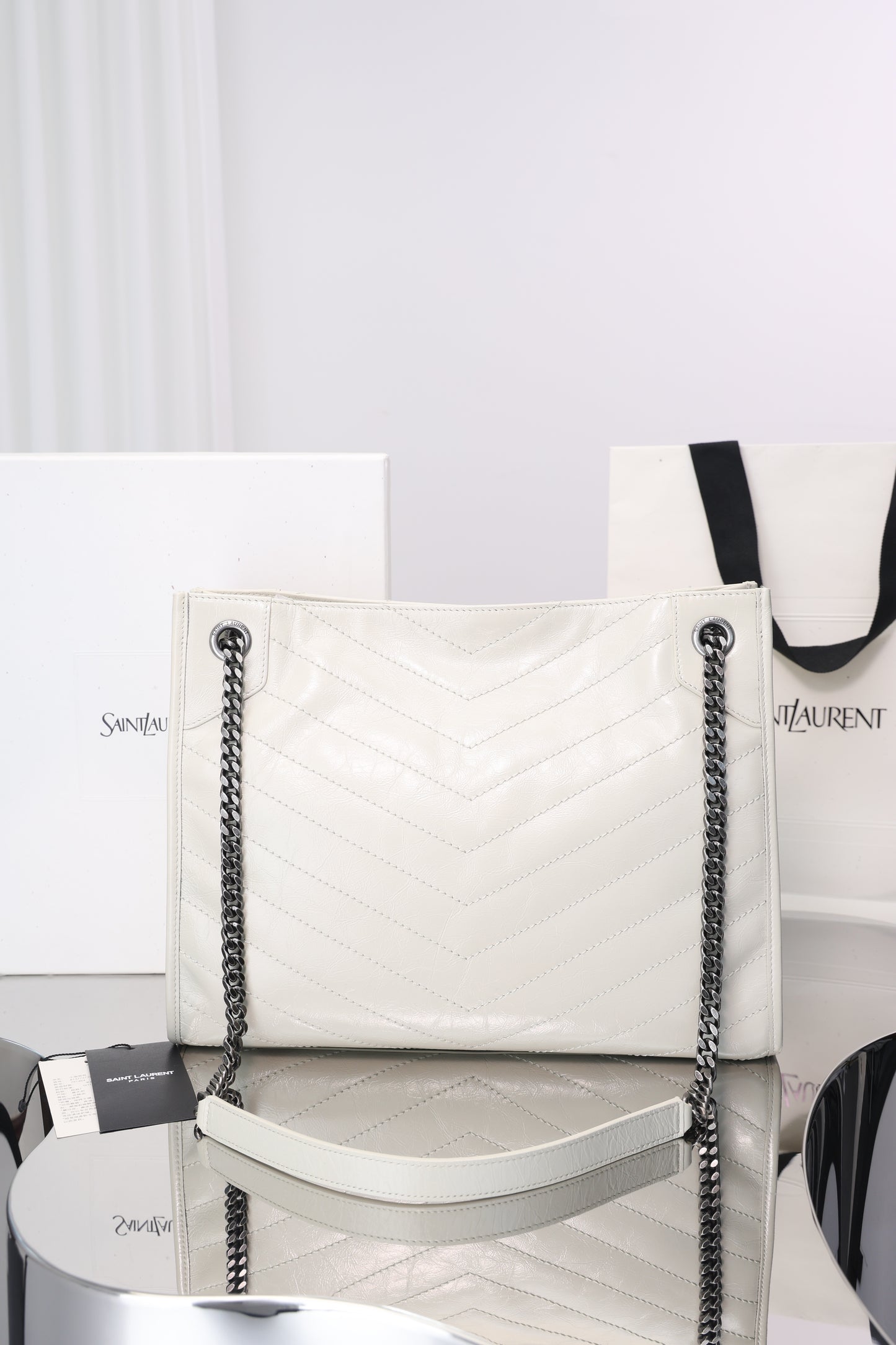 Saint Laurent Niki Shopping Bag — White Crinkled Leather with Ruthenium Hardware