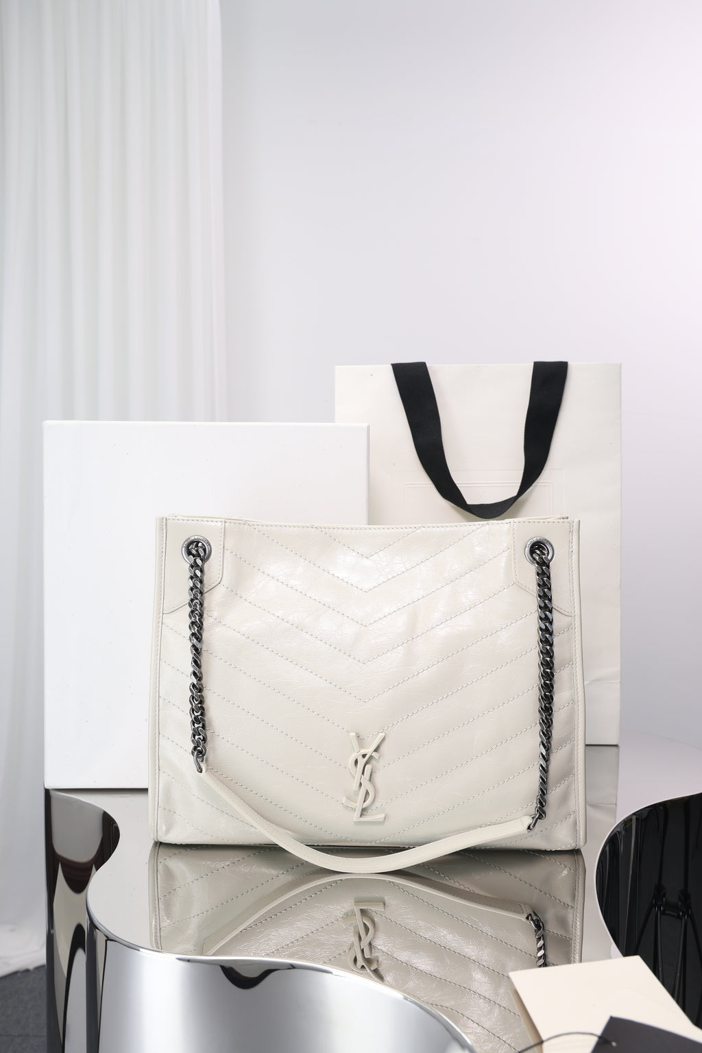 Saint Laurent Niki Shopping Bag — White Crinkled Leather with Ruthenium Hardware