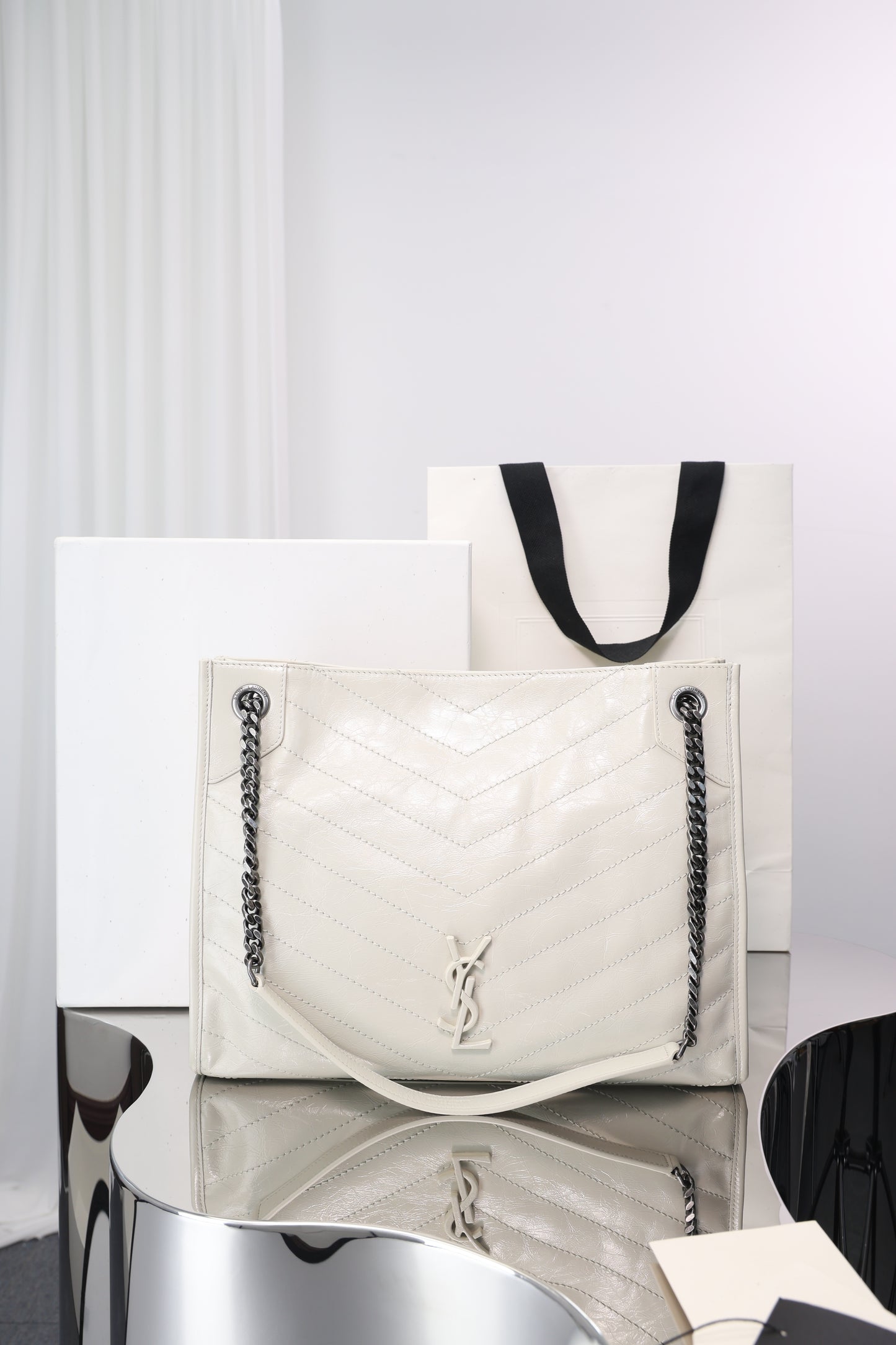 Saint Laurent Niki Shopping Bag — White Crinkled Leather with Ruthenium Hardware