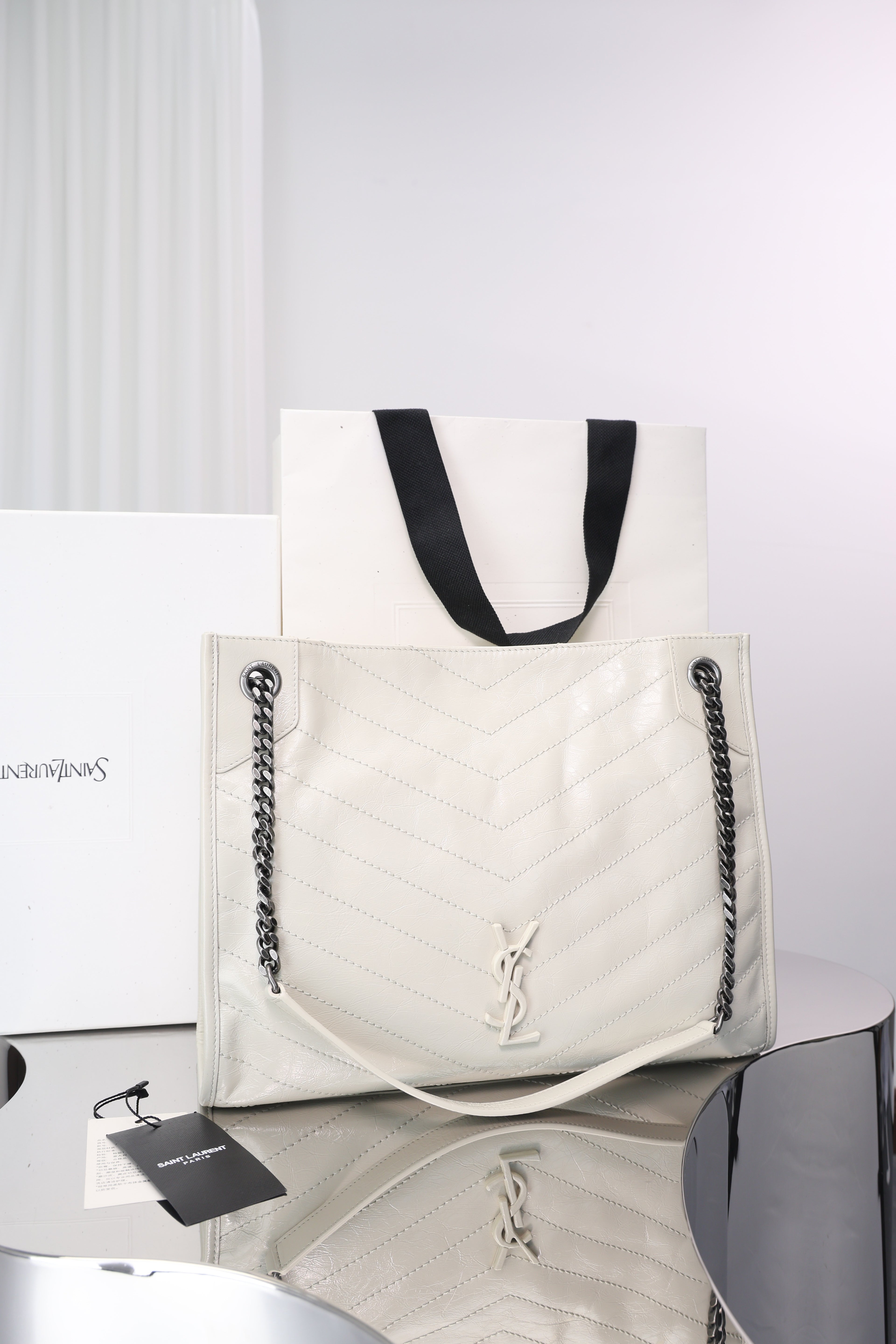 Saint Laurent Niki Shopping Bag — White Crinkled Leather with Ruthenium Hardware