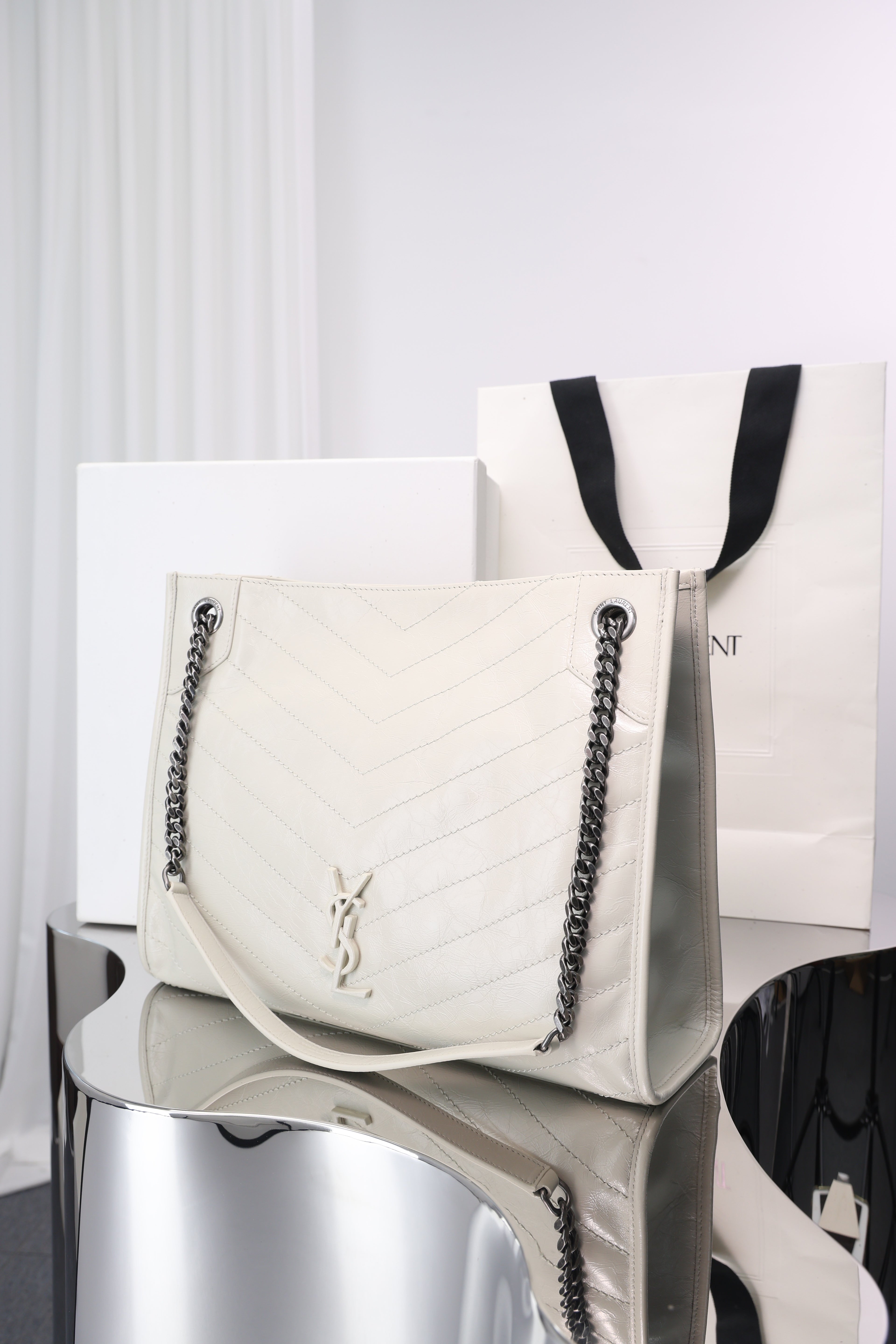 Saint Laurent Niki Shopping Bag — White Crinkled Leather with Ruthenium Hardware