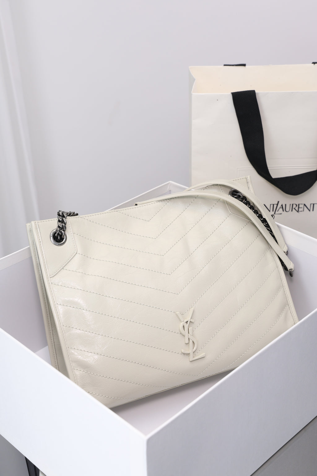 Saint Laurent Niki Shopping Bag — White Crinkled Leather with Ruthenium Hardware