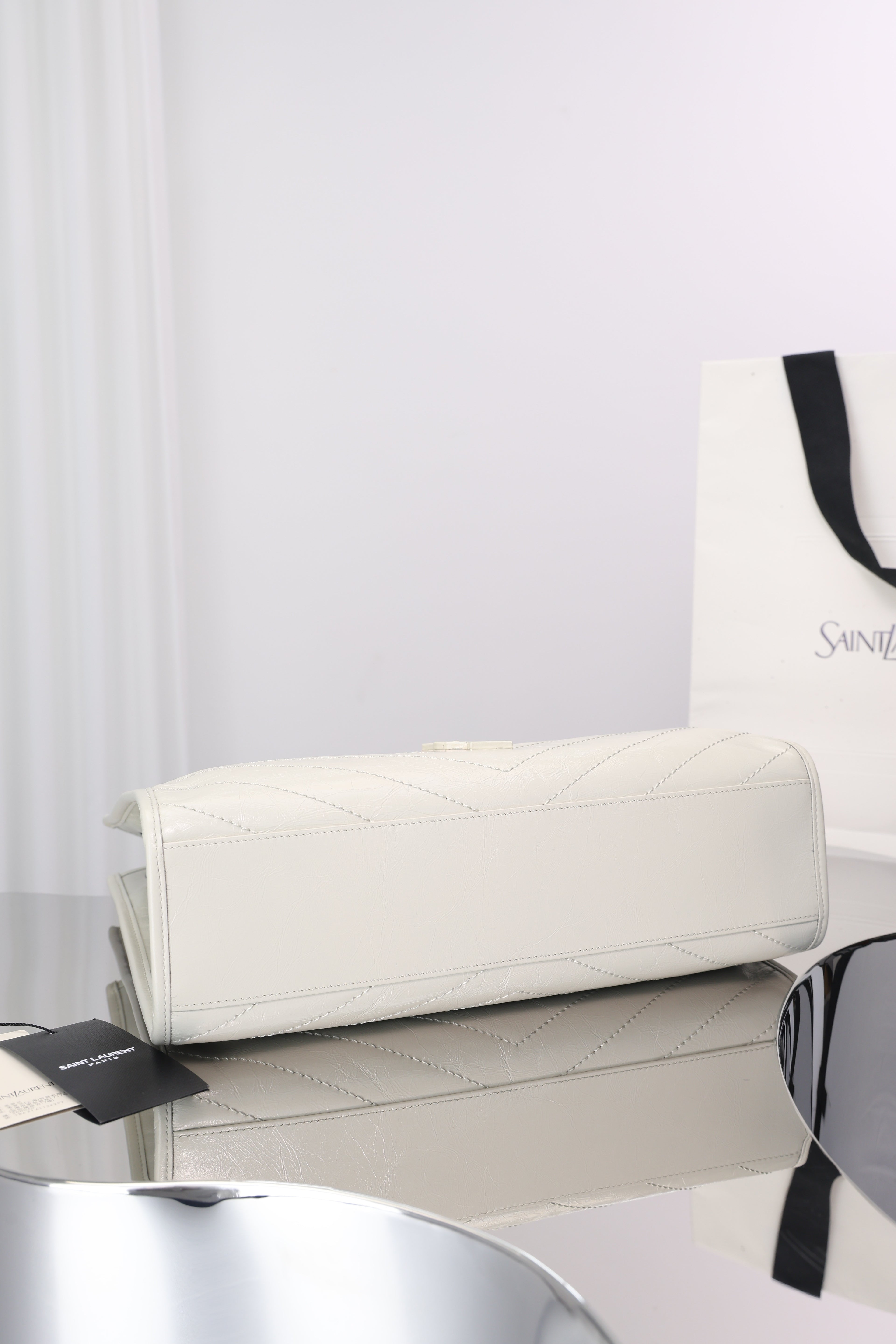 Saint Laurent Niki Shopping Bag — White Crinkled Leather with Ruthenium Hardware