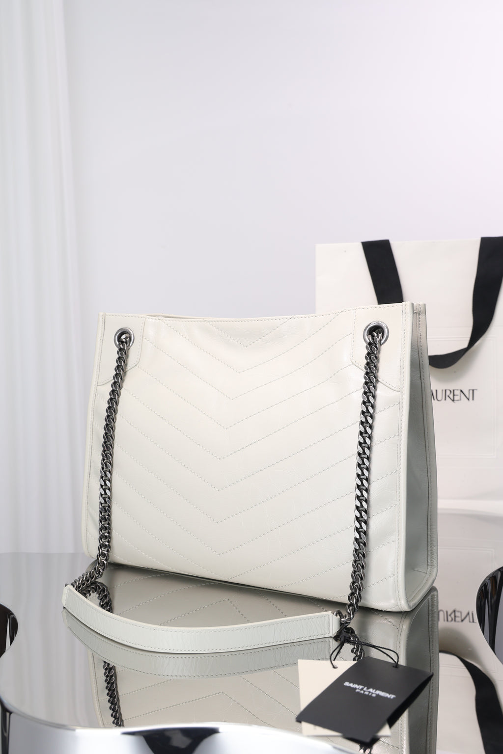 Saint Laurent Niki Shopping Bag — White Crinkled Leather with Ruthenium Hardware