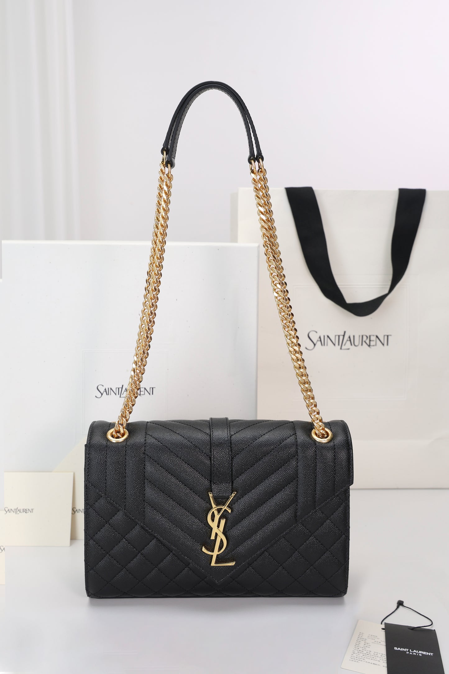 Saint Laurent Envelope Medium Bag — Black Grained Leather with Light Gold Hardware