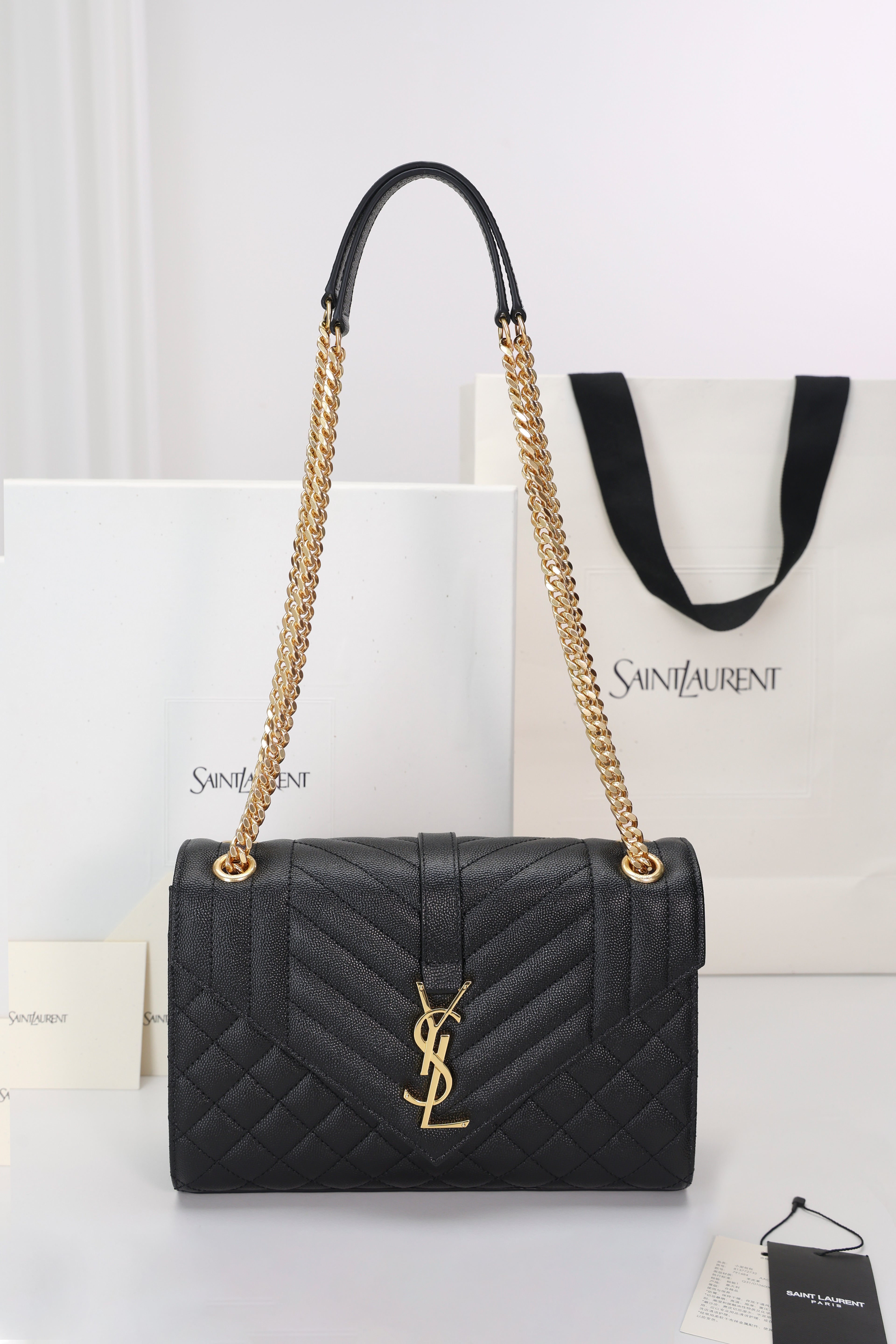Saint Laurent Envelope Medium Bag — Black Grained Leather with Light Gold Hardware
