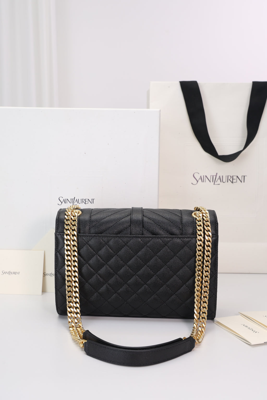 Saint Laurent Envelope Medium Bag — Black Grained Leather with Light Gold Hardware