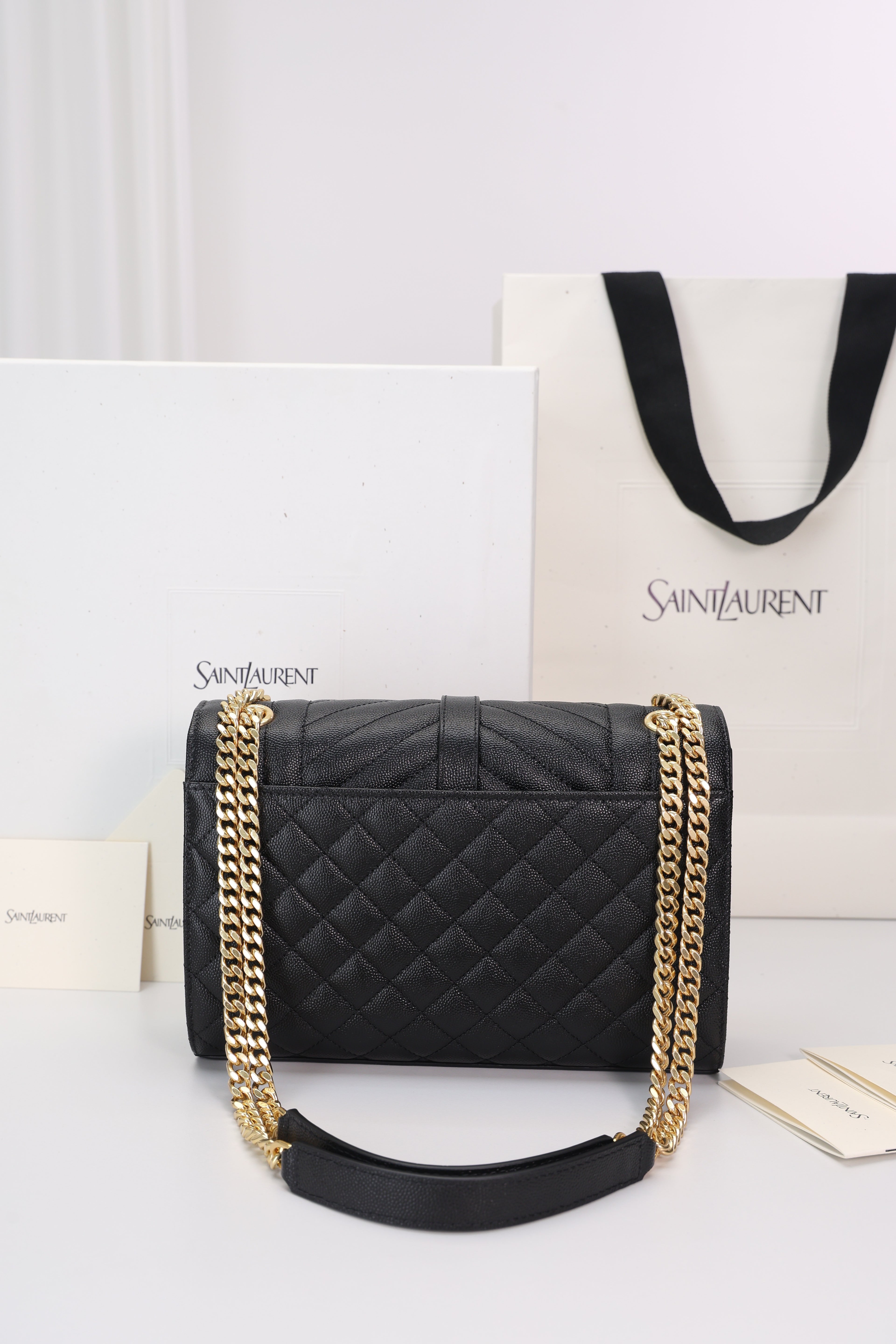 Saint Laurent Envelope Medium Bag — Black Grained Leather with Light Gold Hardware