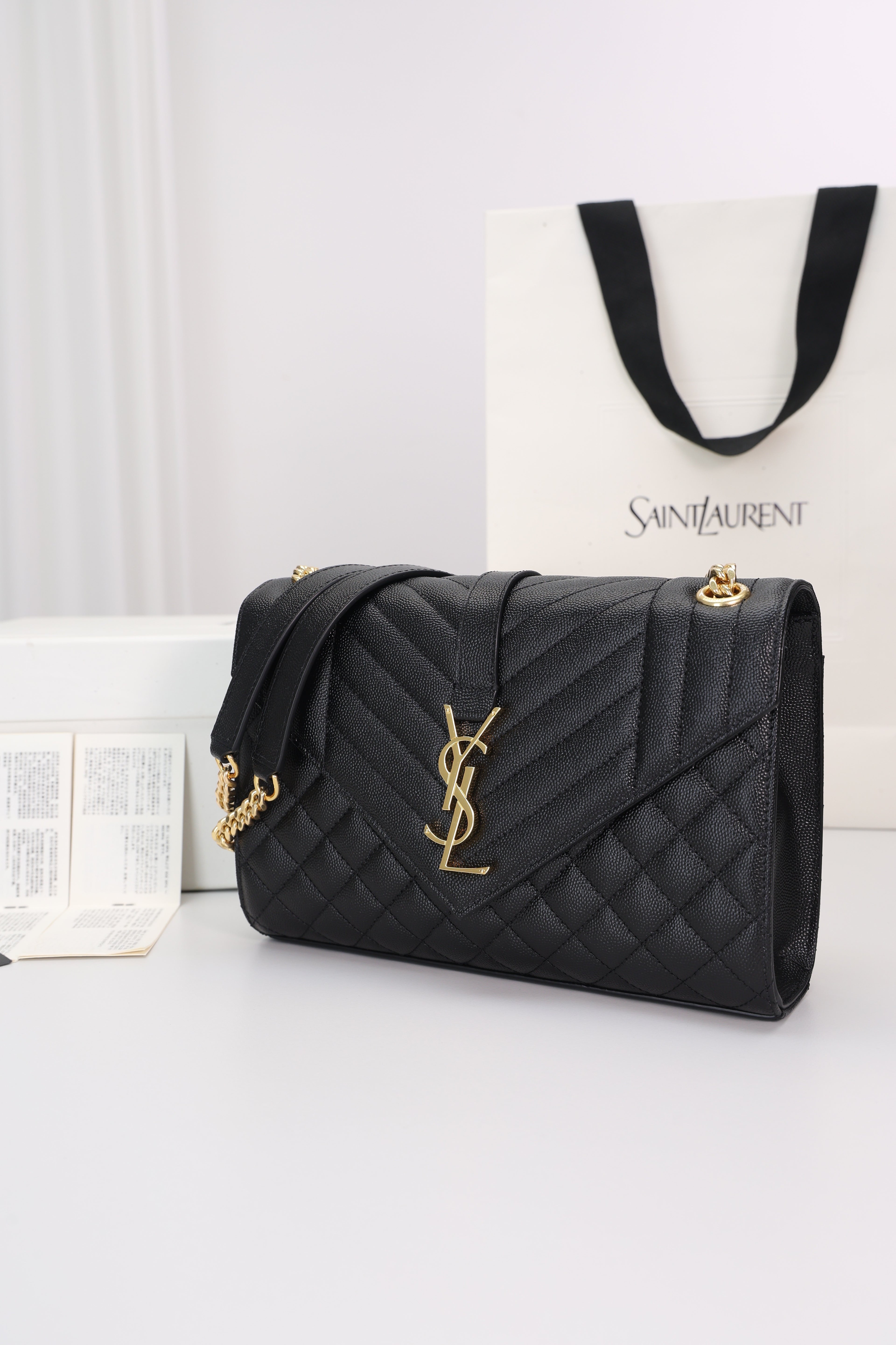 Saint Laurent Envelope Medium Bag — Black Grained Leather with Light Gold Hardware